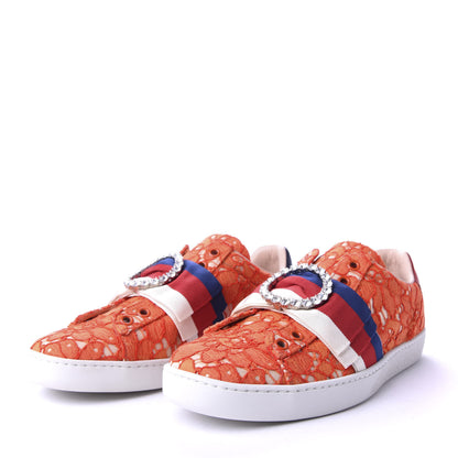 Gucci Lace Crystal Sylvie Web Flower Leaf Womens Ace Sneakers 36.5 Hot Orange Tan Beige 3 of 10