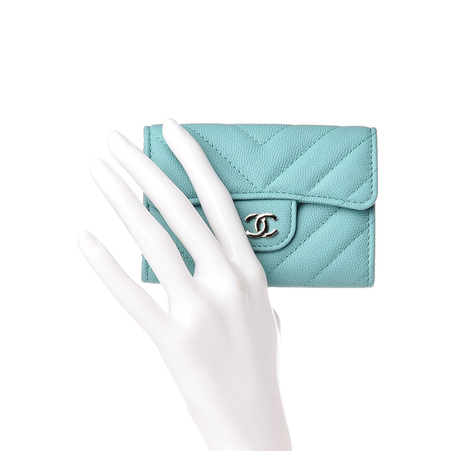 Caviar Chevron Quilted Card Holder Wallet Green