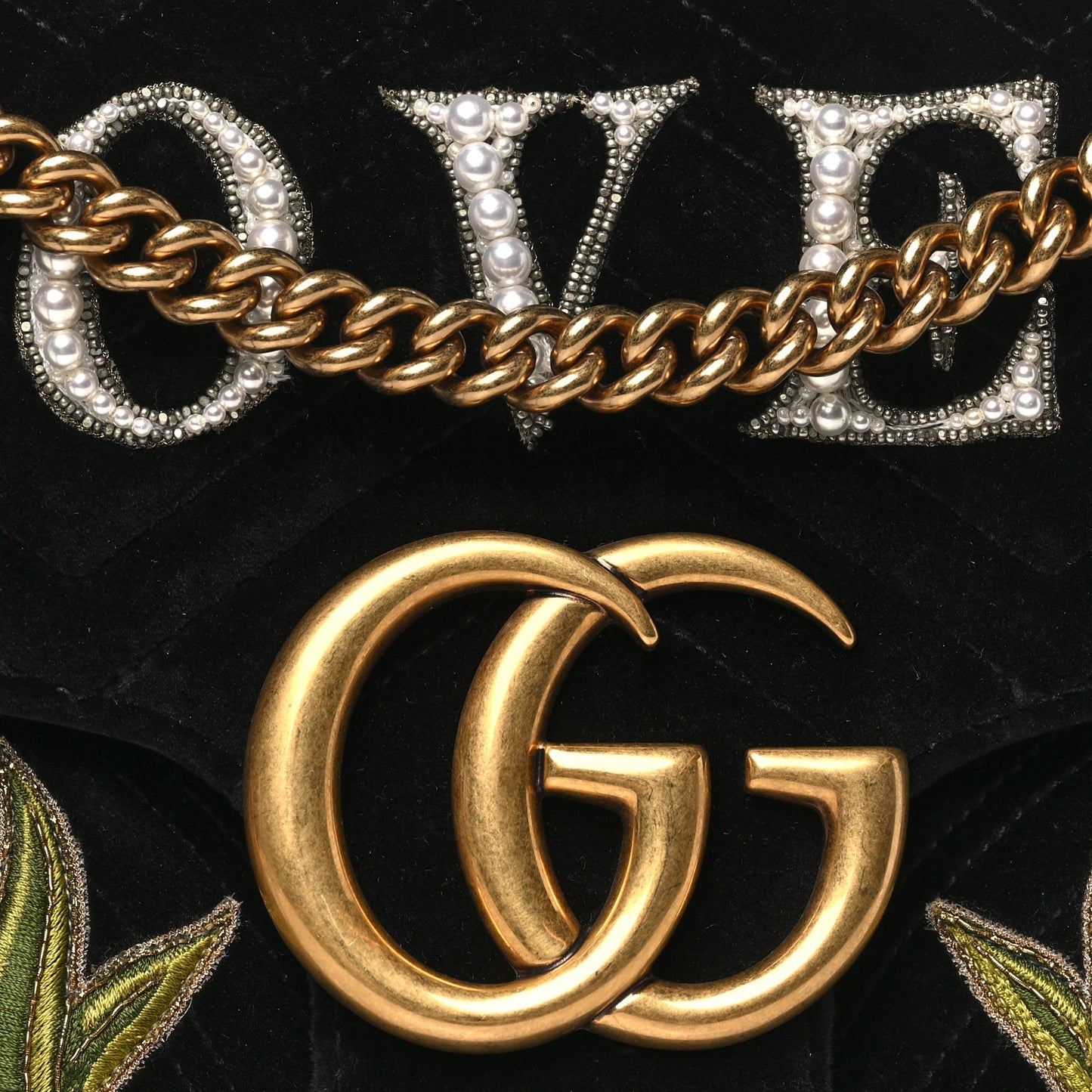Velvet Matelasse Loved Embroidered Medium GG Marmont Shoulder Bag Black