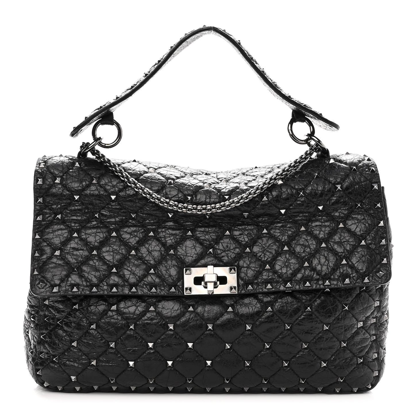 Craquele Nappa Large Rockstud Spike Shoulder Bag Black