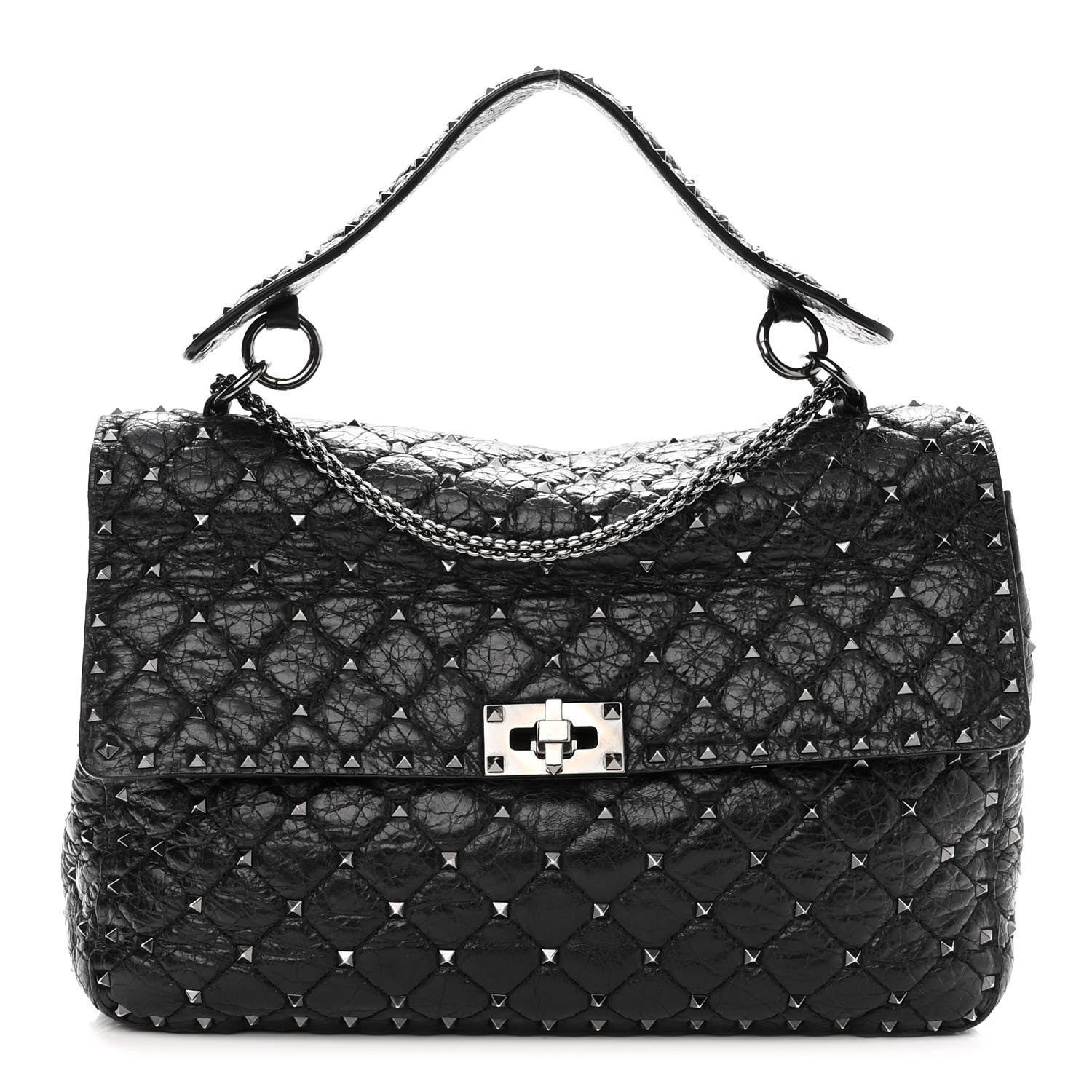 Valentino Garavani Craquele Nappa Large Rockstud Spike Shoulder Bag Black 1 of 9