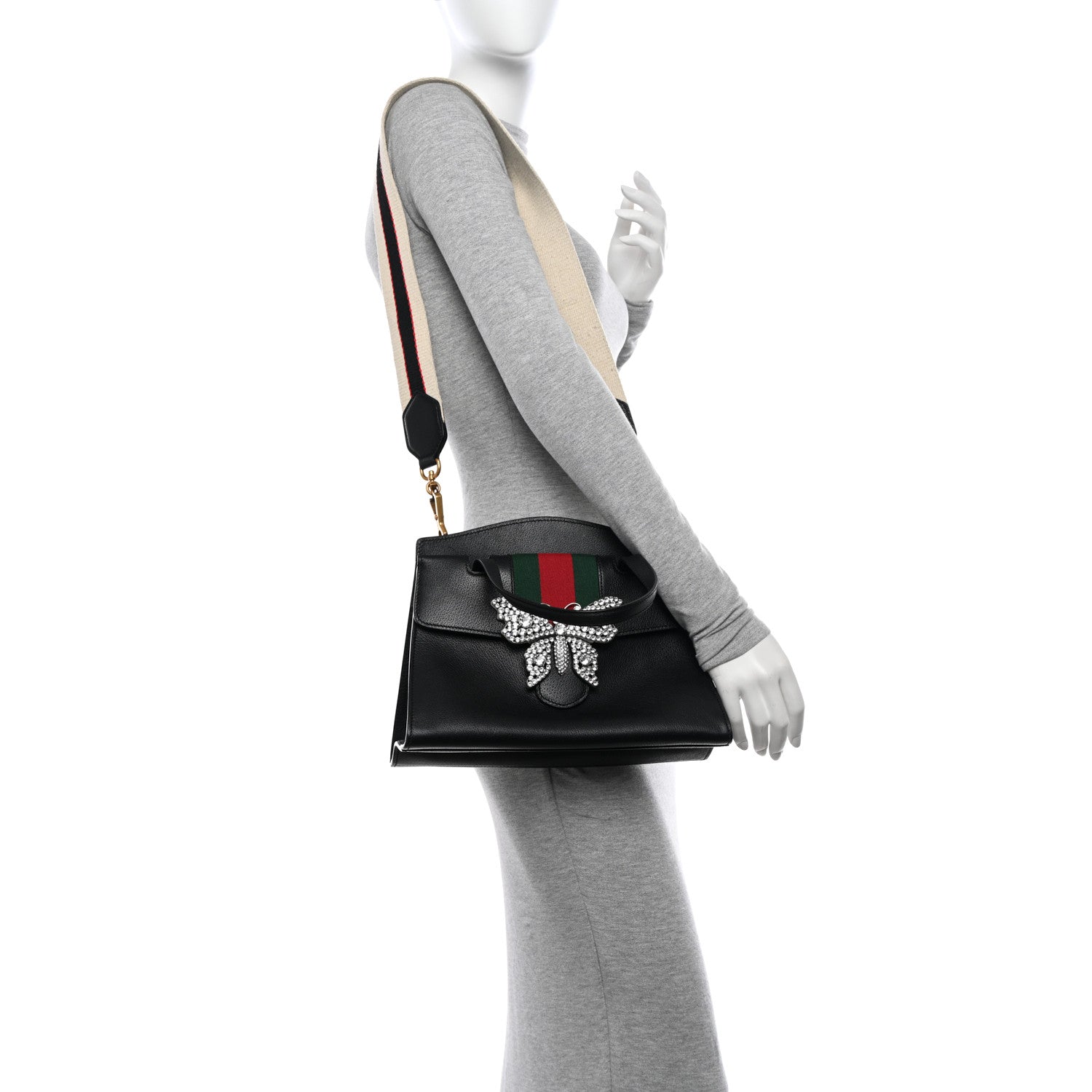 Gucci Grained Calfskin Web Crystal Butterfly Stripe Medium Totem Top Handle Bag Black 2 of 11