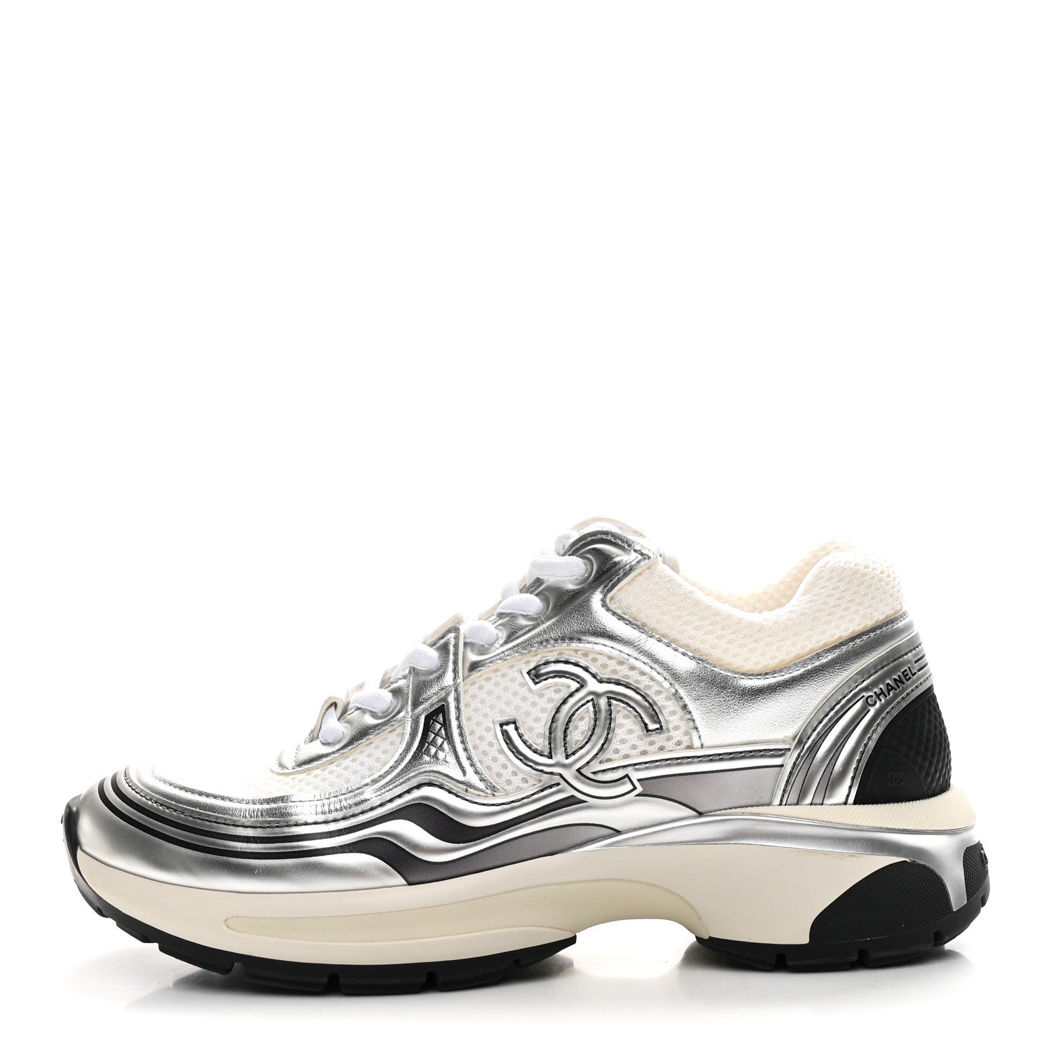 Chanel Fabric Laminated Calfskin Stretch CC Sneakers 36 White Silver 1 of 10