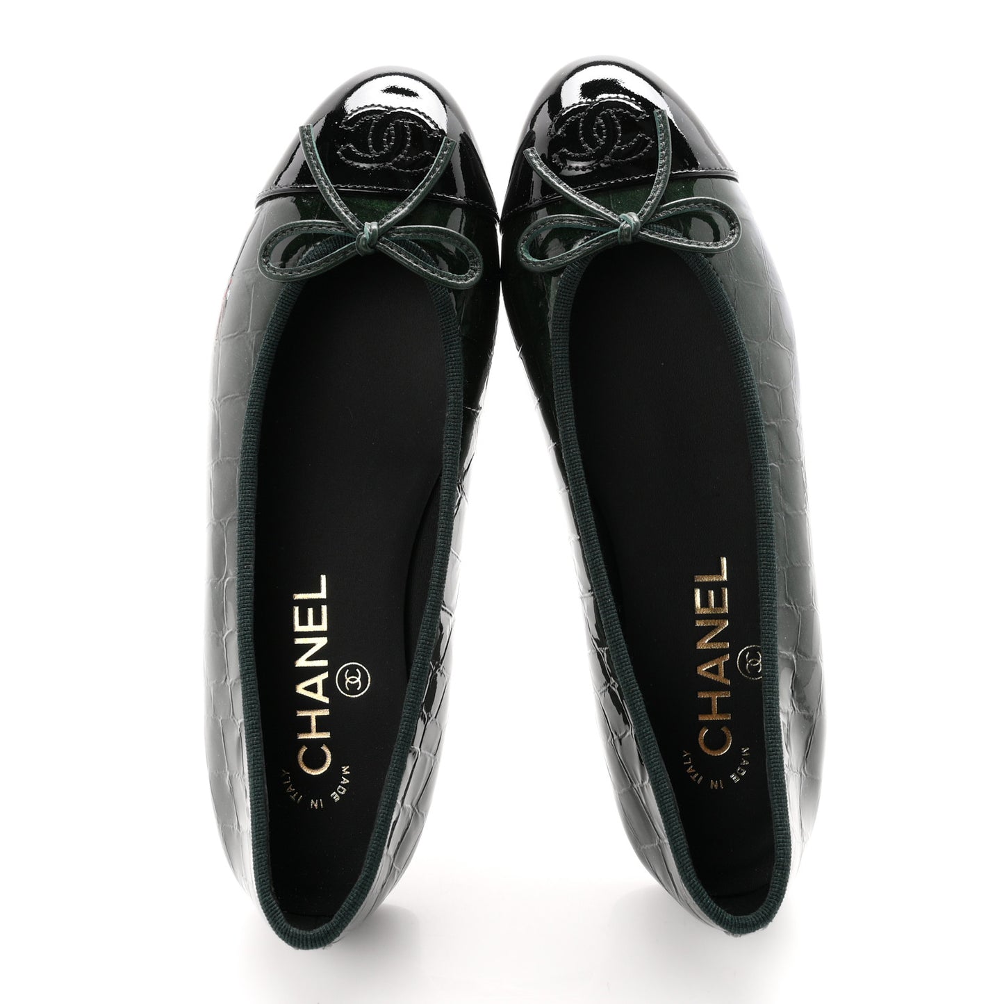 Patent Calfskin Crocodile Embossed Ballerina Flats 36.5 Dark Green Black