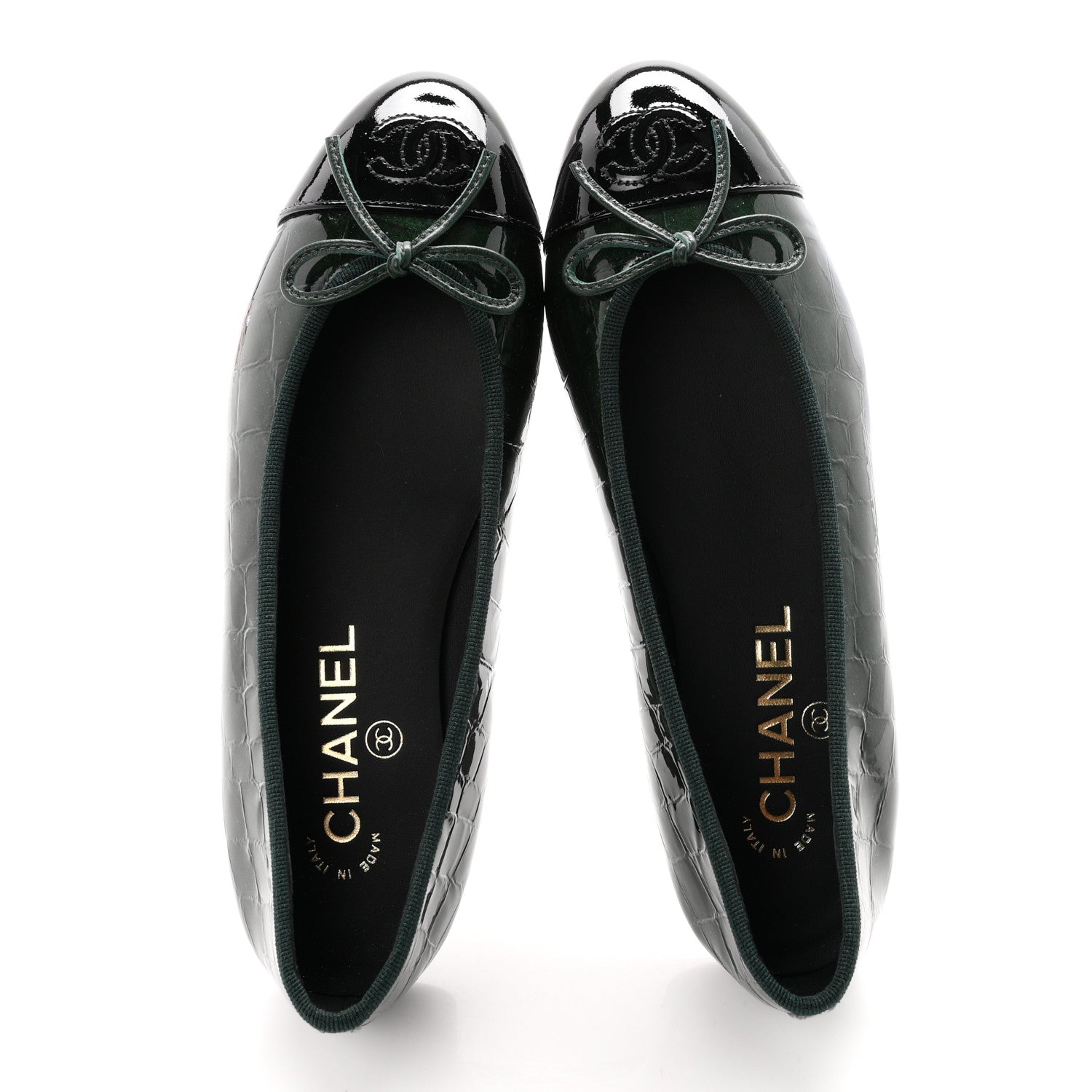 Chanel Patent Calfskin Crocodile Embossed Ballerina Flats 36.5 Dark Green Black 2 of 10
