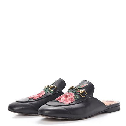 Gucci Calfskin Flower Embroidered Princetown Slippers 39 Black 3 of 8