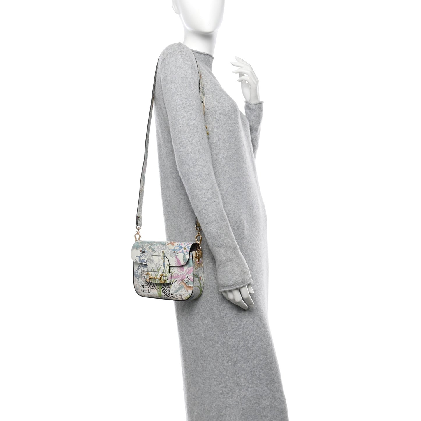 New Shangai Calfskin Tiger Savanah Web Mini Horsebit 1955 Shoulder Bag Chalky White Multicolor