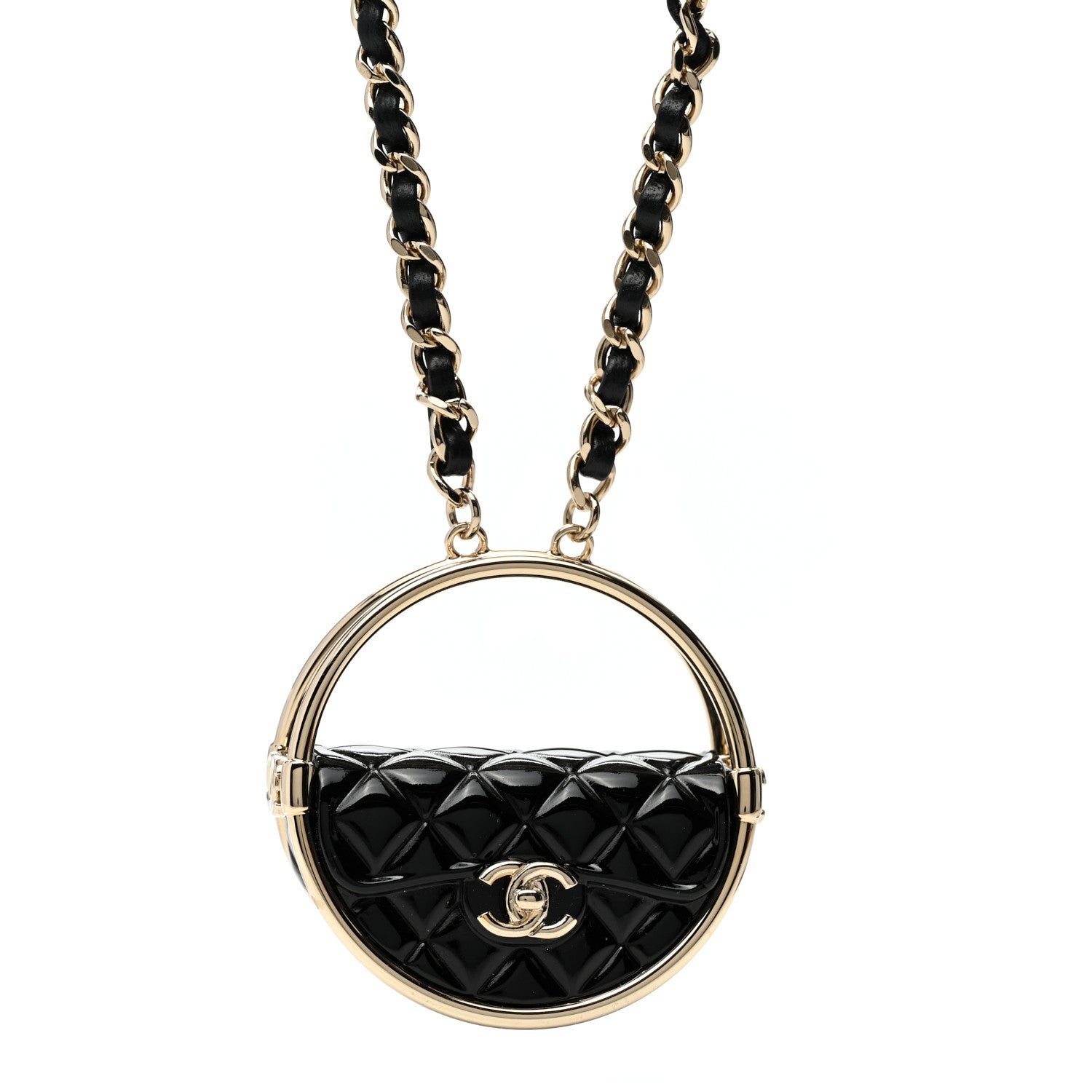 Chanel Metal Resin Quilted Flap Bag Hoop Mirror Necklace Black Gold 1 of 7