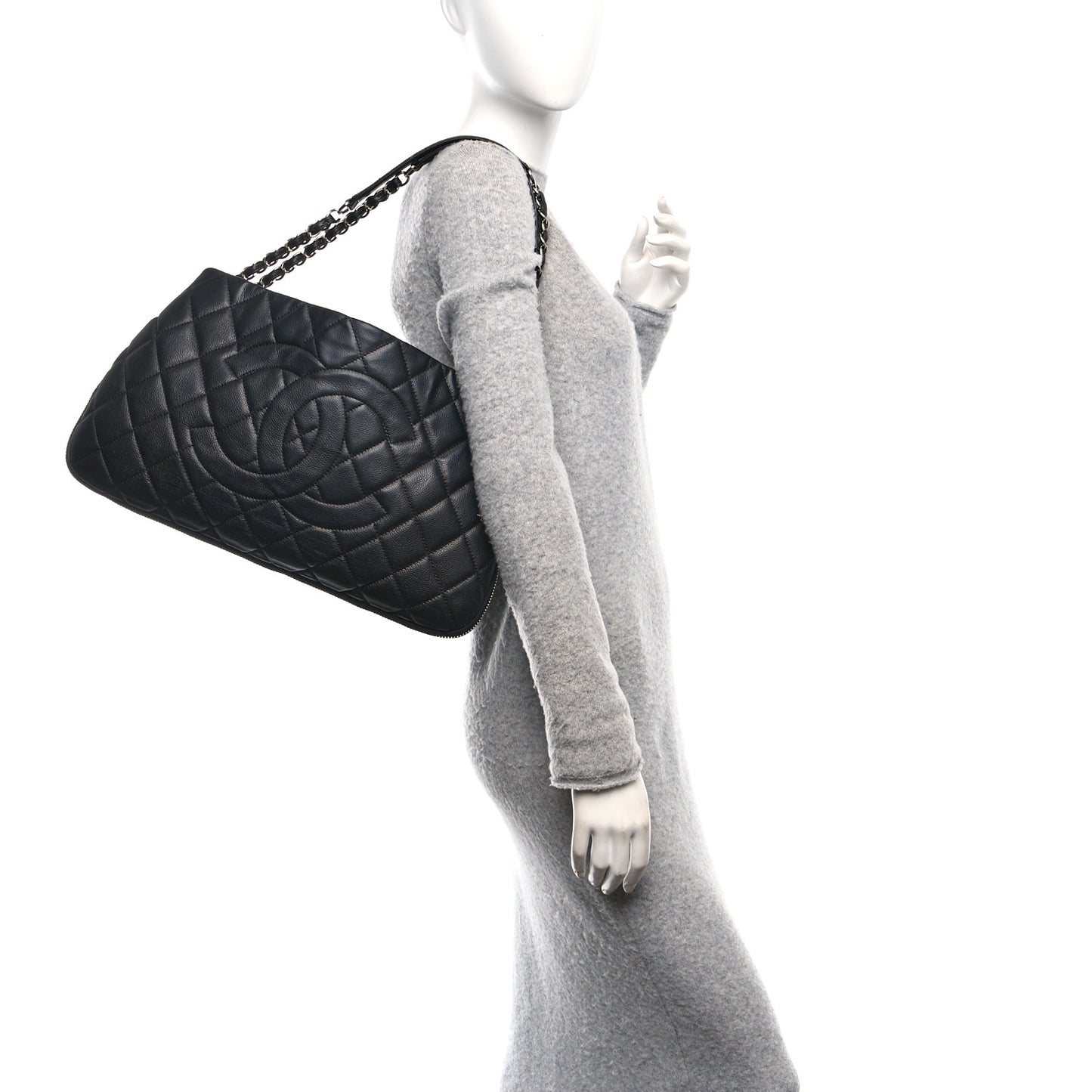 Caviar Quilted Expandable Zip Shoulder Bag Black