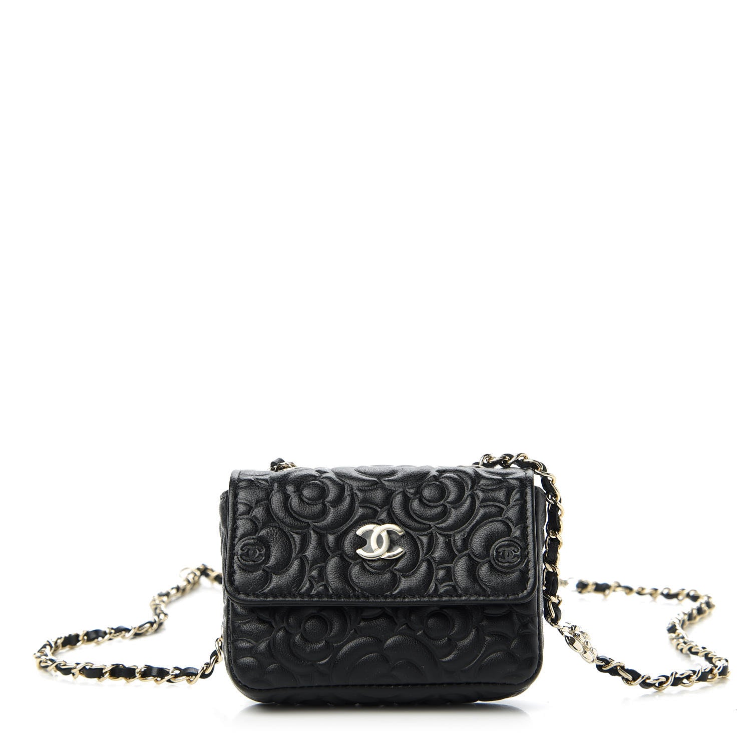 Chanel Lambskin Camellia Embossed Chain Belt Bag Black 1 of 12