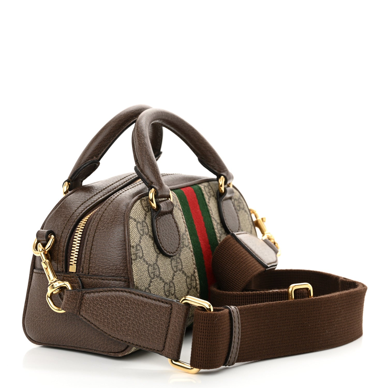 Gucci GG Supreme Monogram Textured Dollar Calfskin Web Mini Ophidia Top Handle Bowler Bag Beige Ebony New Acero 3 of 11