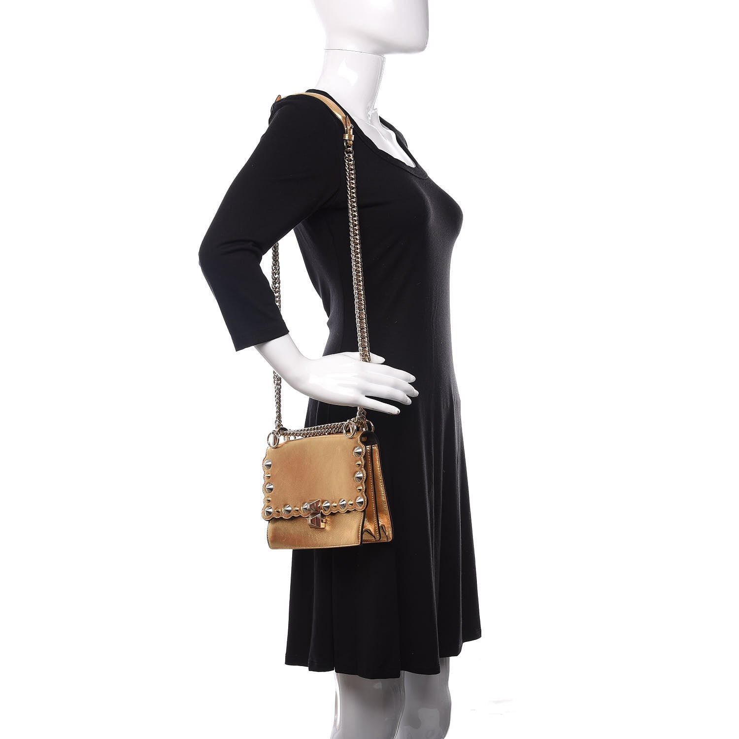 Fendi Vitello Catalan Mirror Scalloped Multi Studded Small Kan I Shoulder Bag Gold 2 of 10