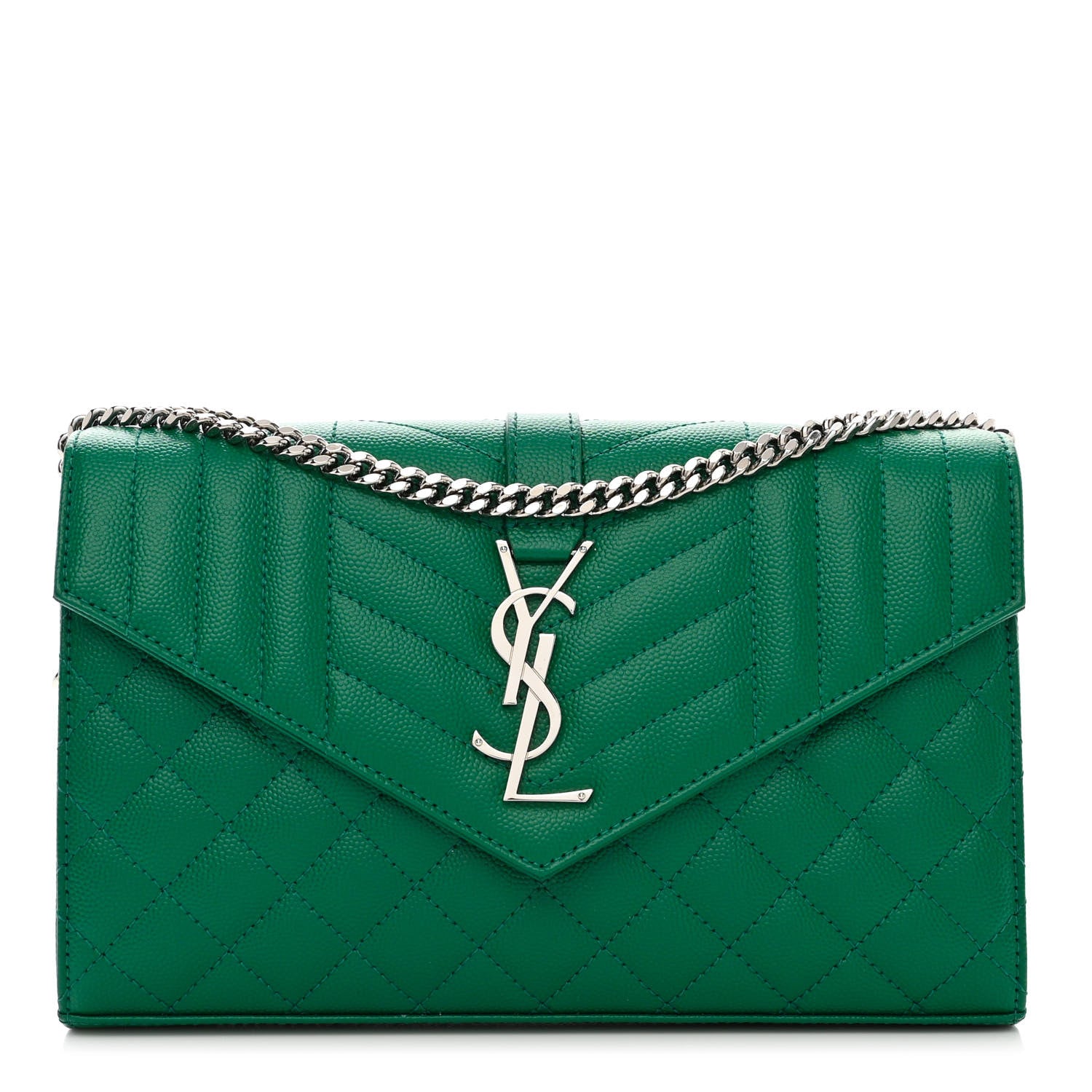 Saint Laurent Grain De Poudre Mixed Matelasse Triquilt Monogram Chain Wallet Green Field 1 of 10