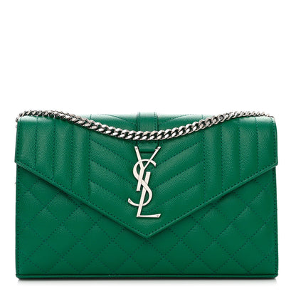 Saint Laurent Grain De Poudre Mixed Matelasse Triquilt Monogram Chain Wallet Green Field 1 of 10