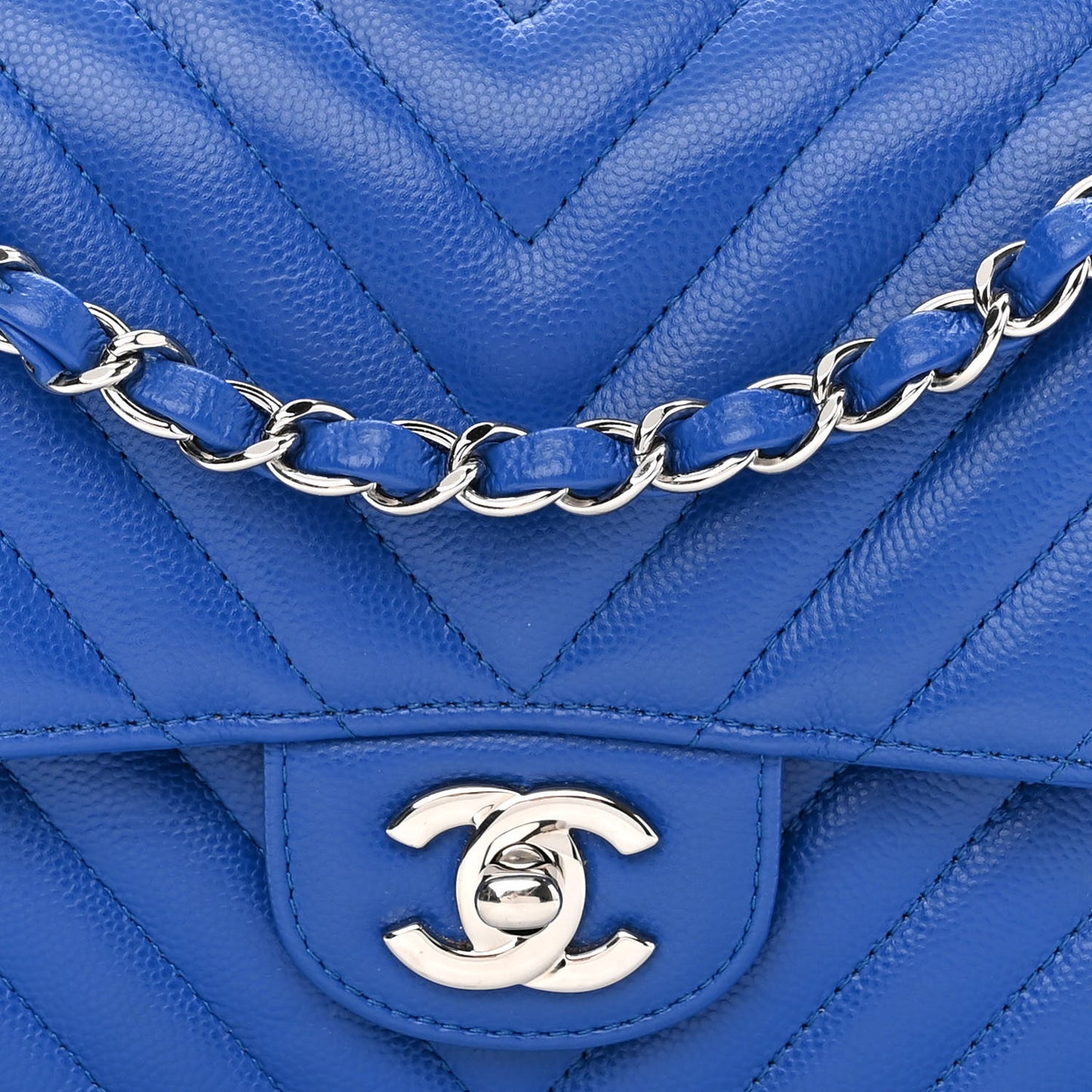 Caviar Chevron Quilted Medium Double Flap Blue