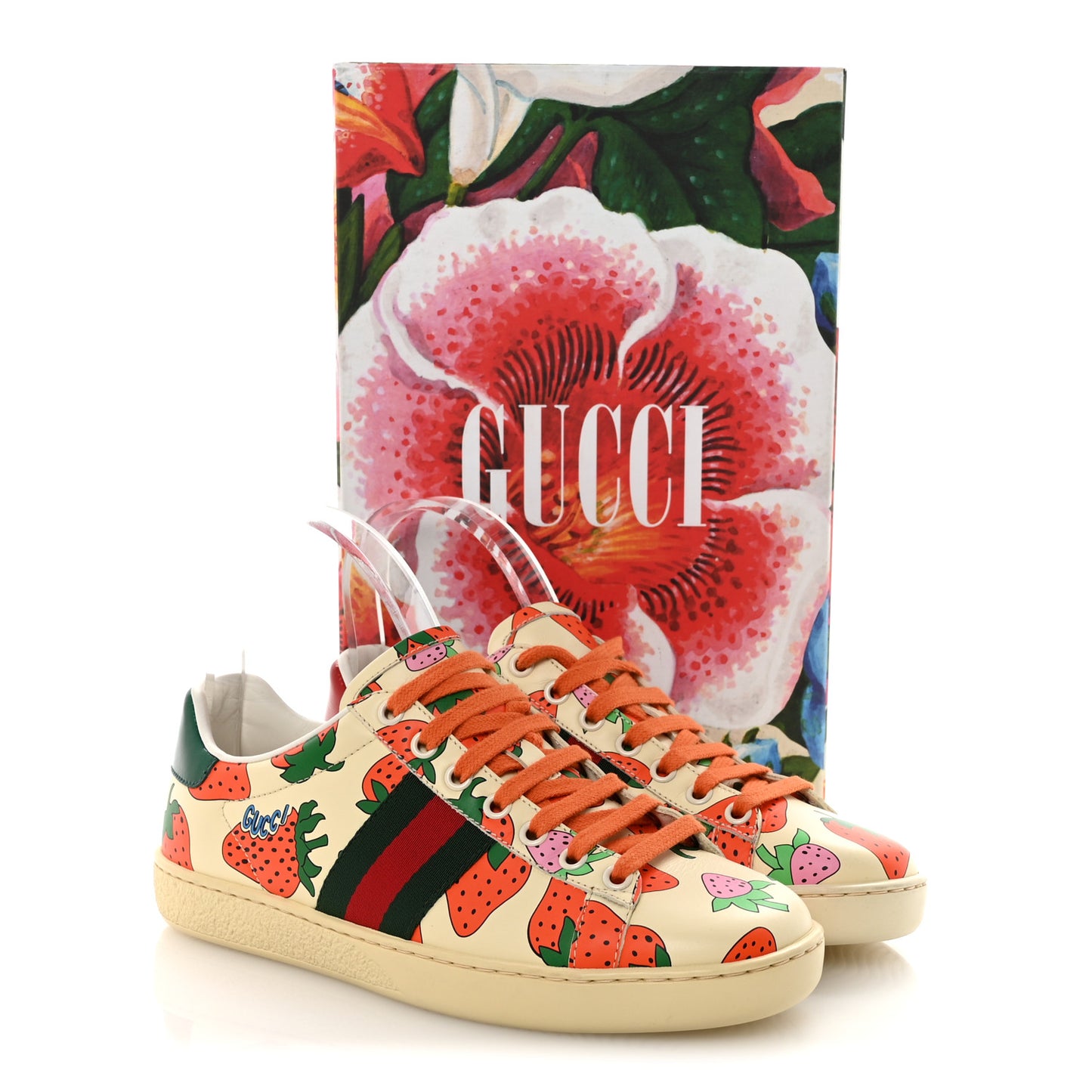 Calfskin Web Strawberry Print Womens Ace Sneakers 37 Ivory Red Green