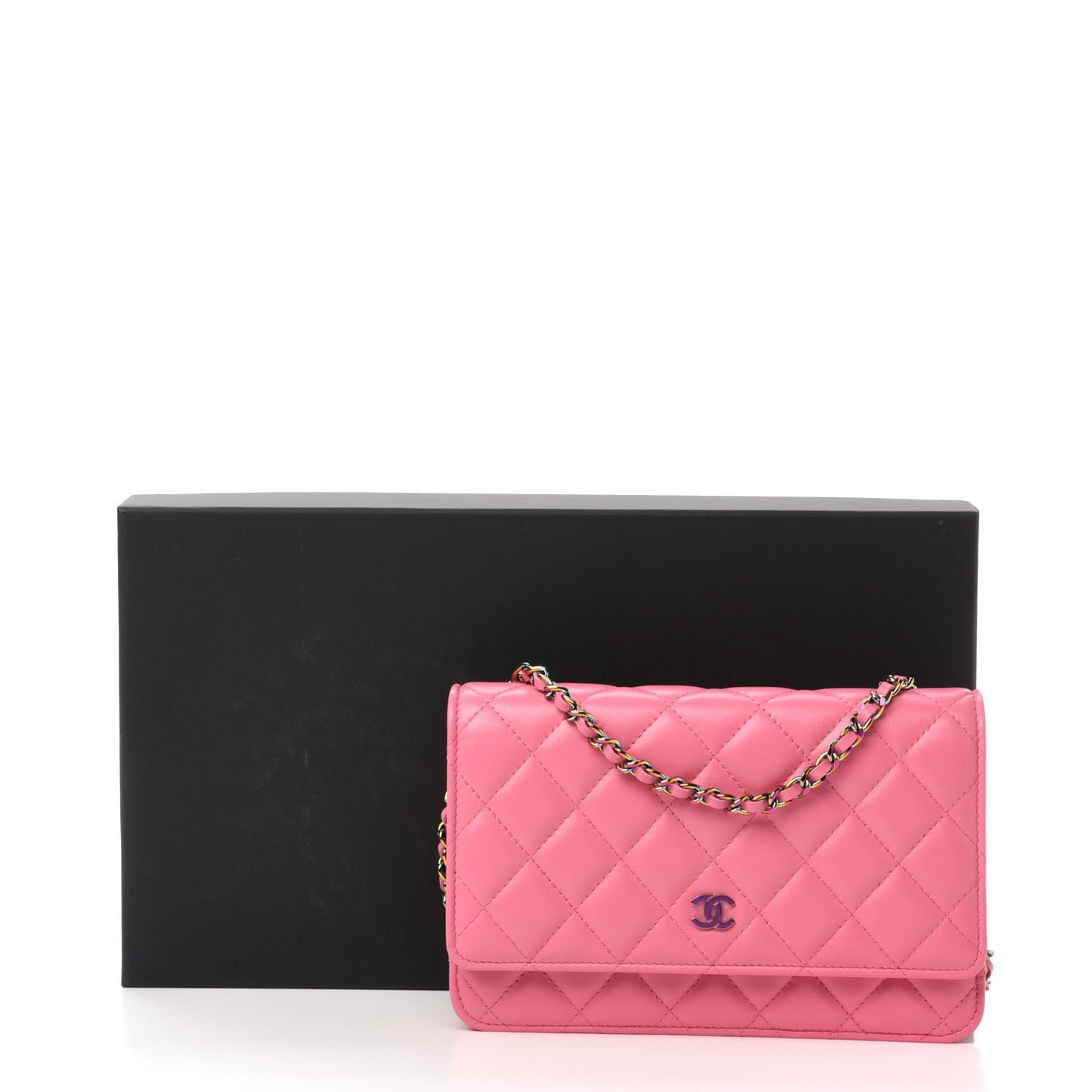 Lambskin Quilted Wallet On Chain WOC Pink Yellow
