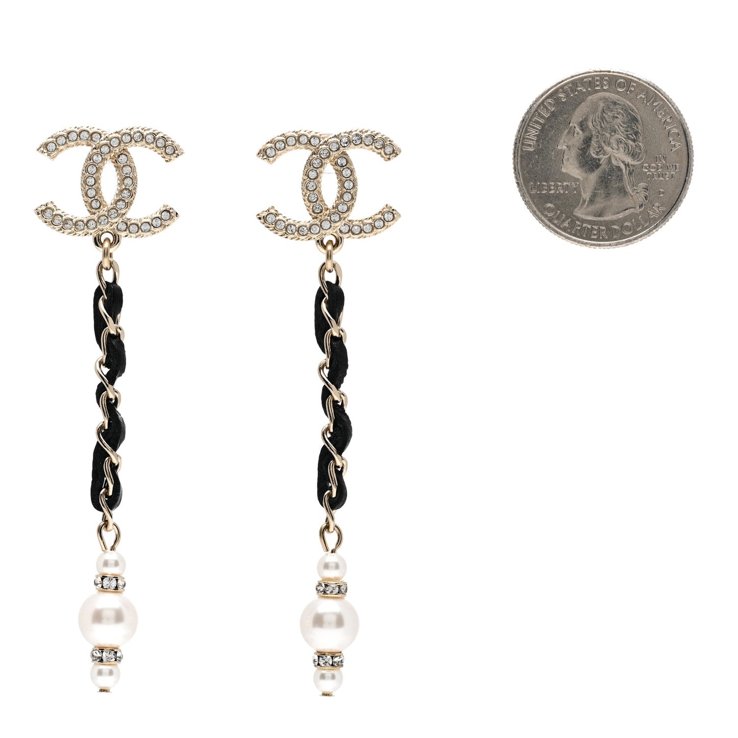 Lambskin Chain Crystal Pearl CC Drop Earrings Gold