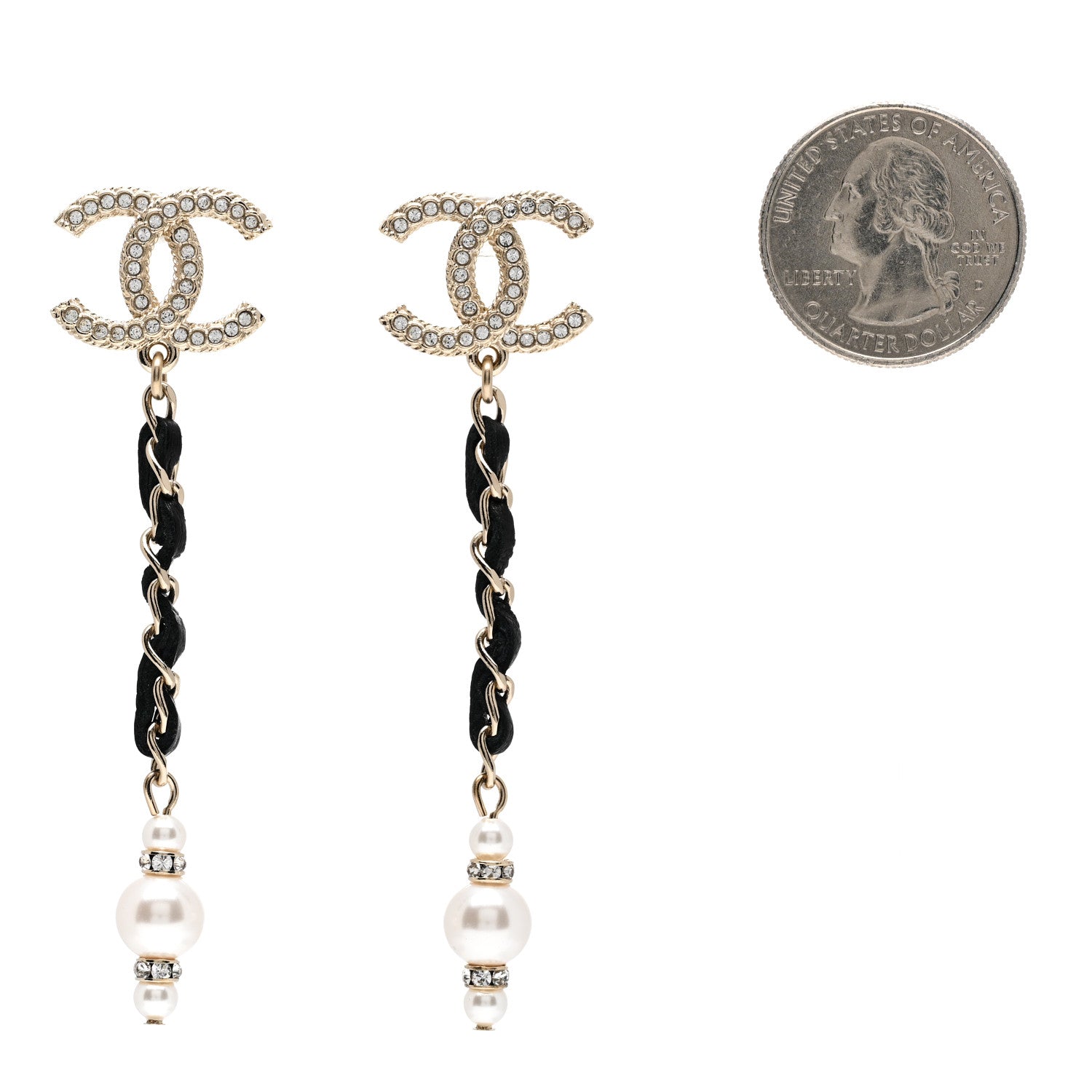 Chanel Lambskin Chain Crystal Pearl CC Drop Earrings Gold 2 of 6