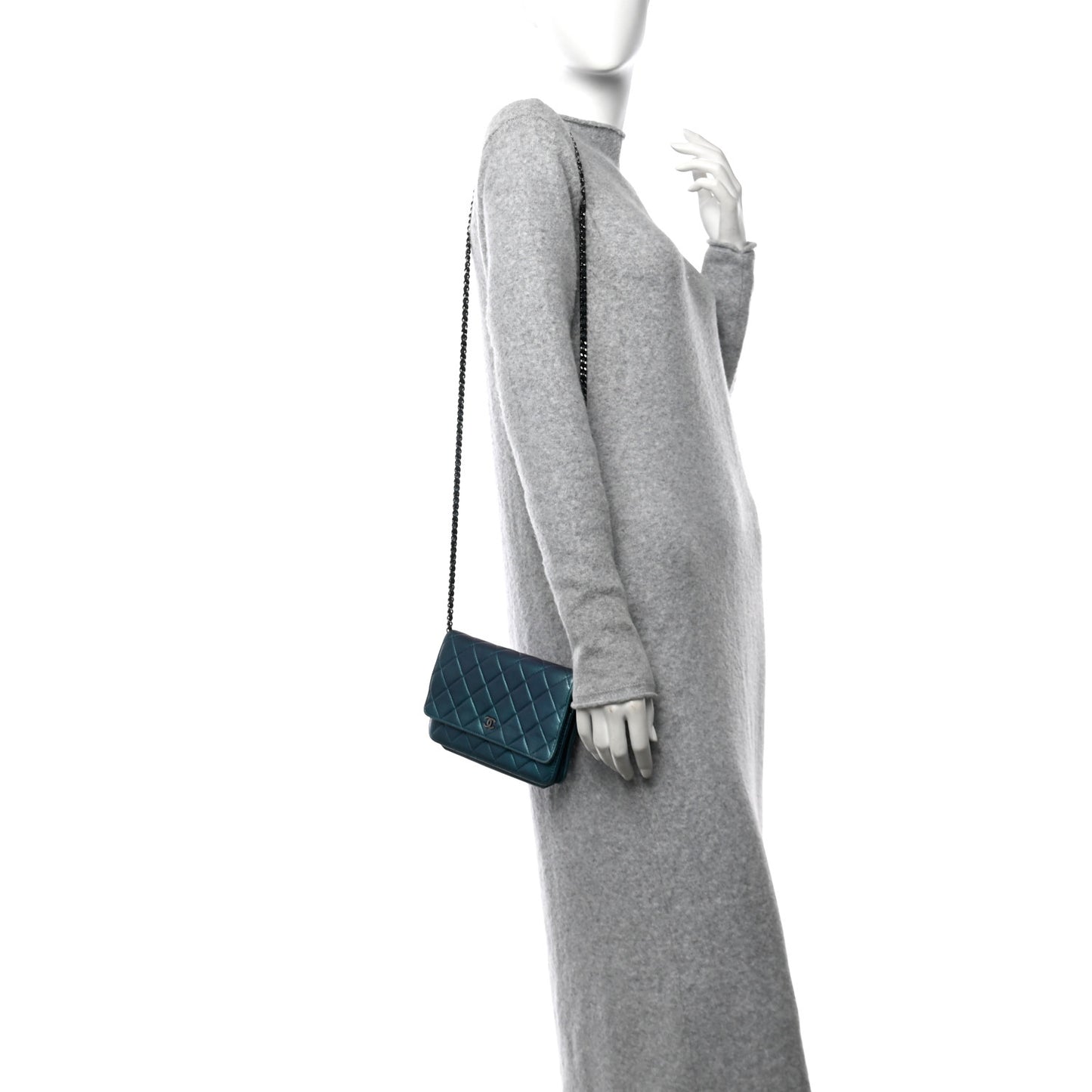 Metallic Lambskin Wallet On Chain WOC Turquoise