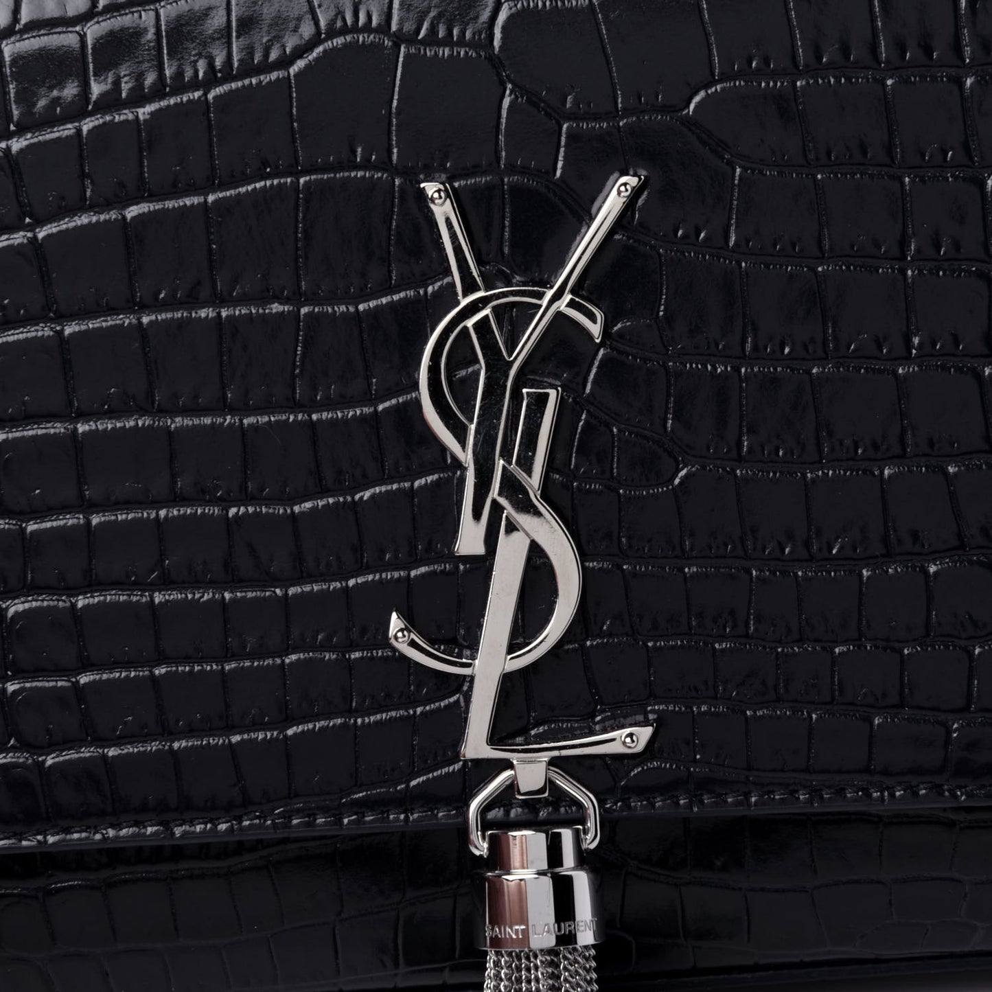 Calfskin Crocodile Embossed Medium Classic Monogram Kate Tassel Satchel Deep Marine