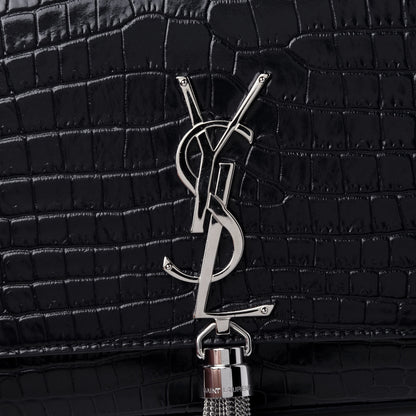 Saint Laurent Calfskin Crocodile Embossed Medium Classic Monogram Kate Tassel Satchel Deep Marine 5 of 5