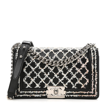 Chanel Calfskin Tweed Sequin Stitched Medium Boy Flap Black White 1 of 10