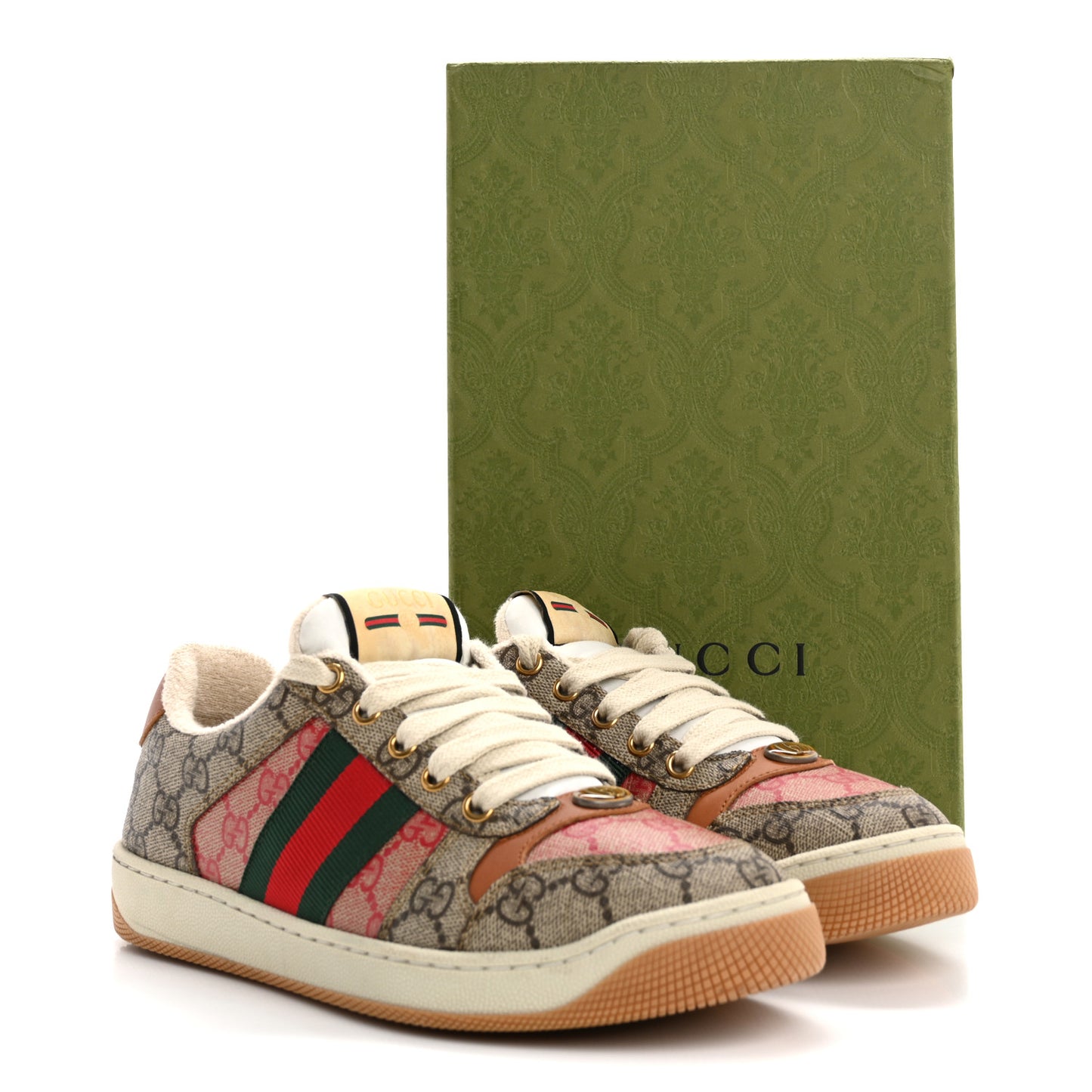 GG Supreme Monogram Harness Calfskin Web Womens Screener Sneakers 37.5 Beige Ebony Rosso Harness Brown