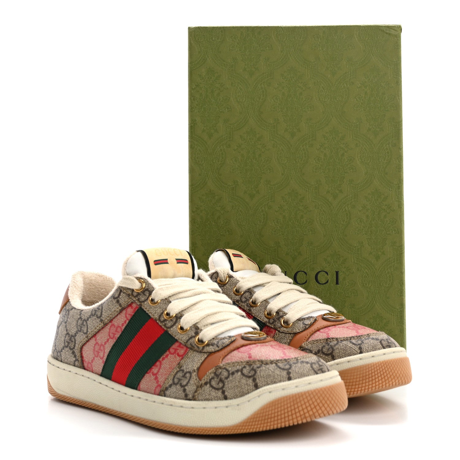 Gucci GG Supreme Monogram Harness Calfskin Web Womens Screener Sneakers 37.5 Beige Ebony Rosso Harness Brown 10 of 10