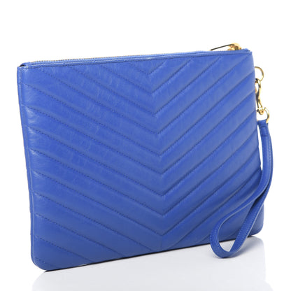 Saint Laurent Calfskin Matelasse Chevron Monogram Zip A5 Pouch Blue Majorelle 3 of 7