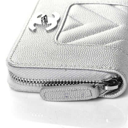Chanel Metallic Caviar Chevron Quilted Vintage Mademoiselle Zip Coin Purse Silver 4 of 4