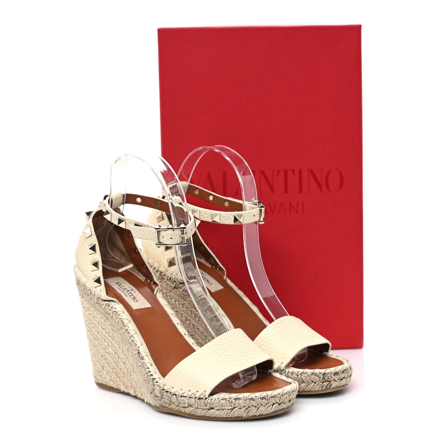 Grained Calfskin Rockstud Ankle Strap Espadrille Wedge Sandals 36 Light Ivory