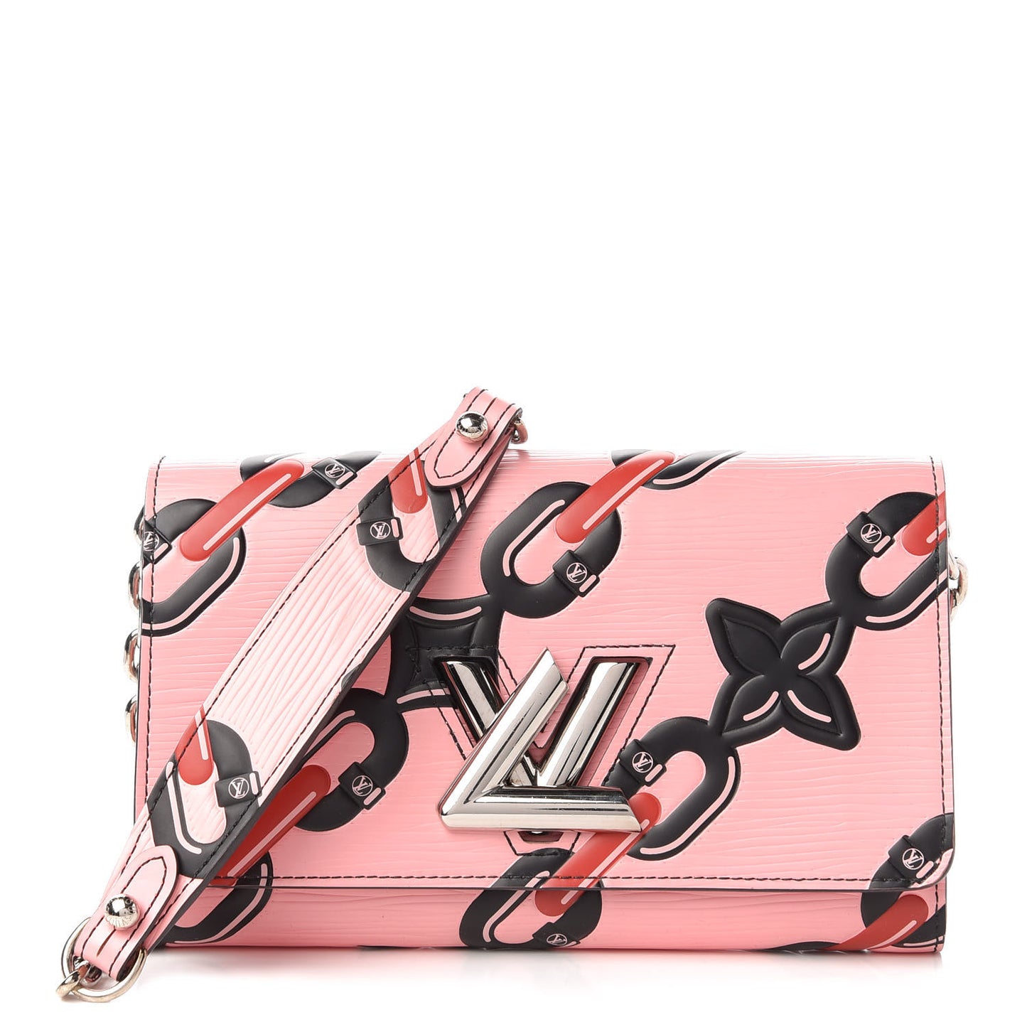 Epi Chain Flower Print Twist Chain Wallet Pink