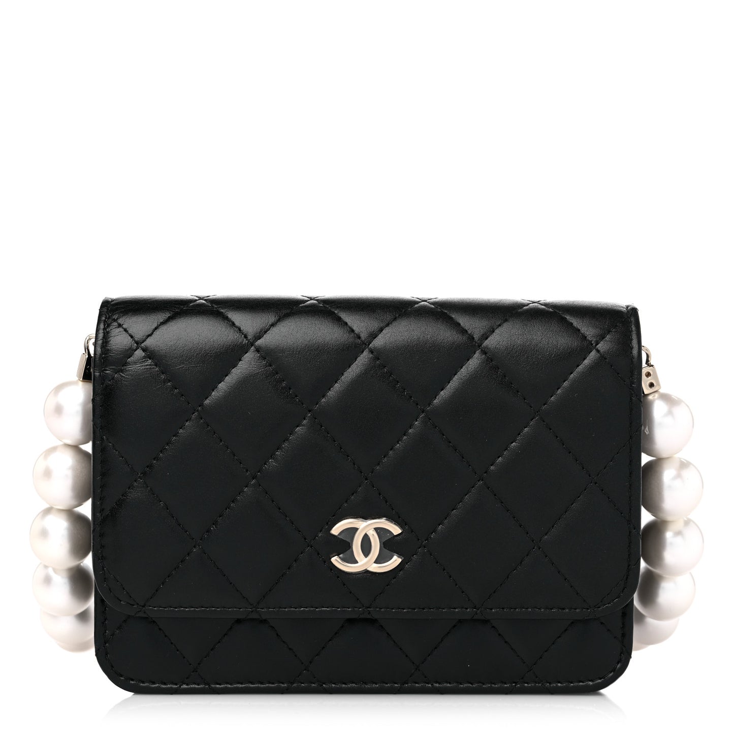 Calfskin Quilted Mini Maxi Pearls Wallet On Chain WOC Black
