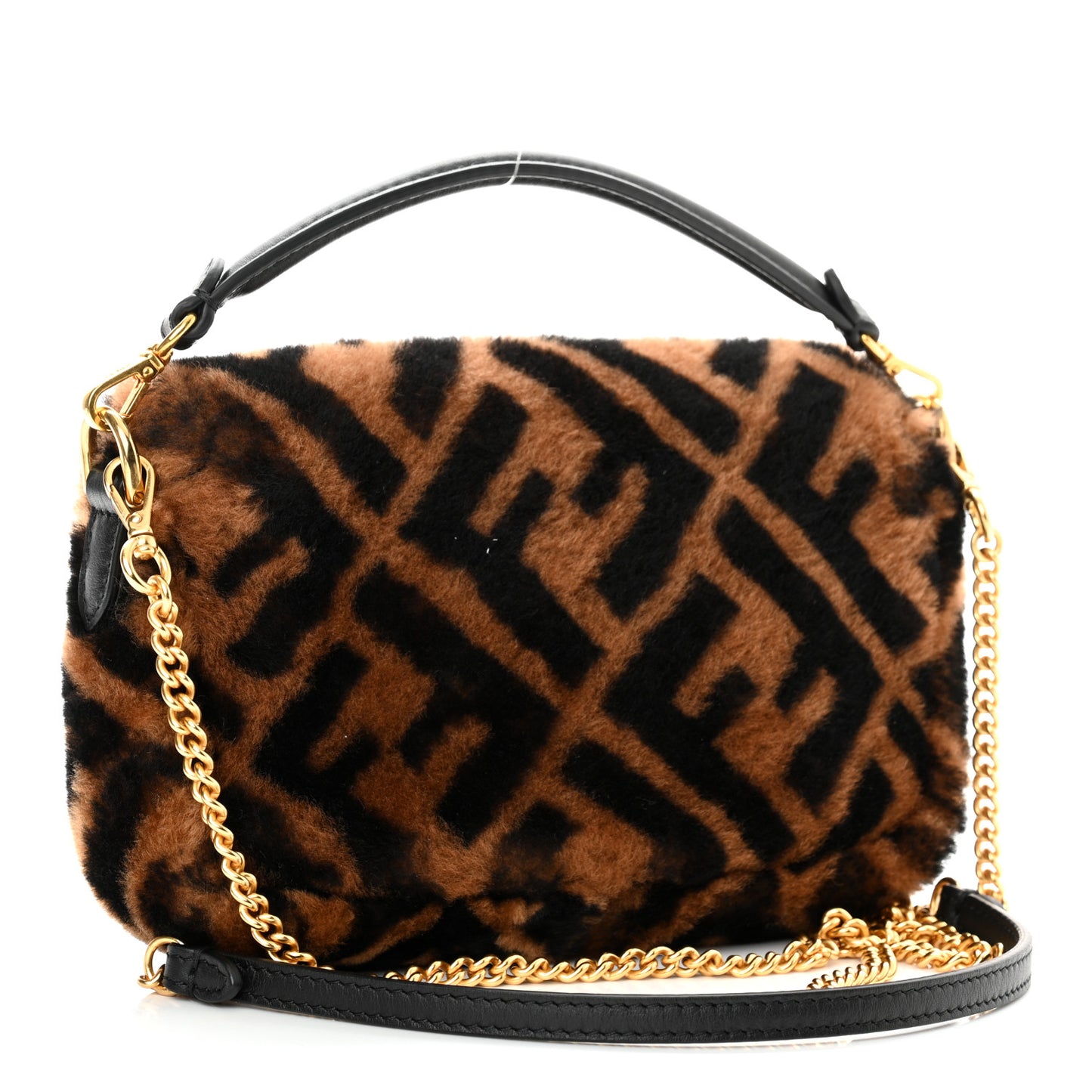 Shearling Vitello Dolce Macro FF 1974 Mini Baguette Tobacco Black