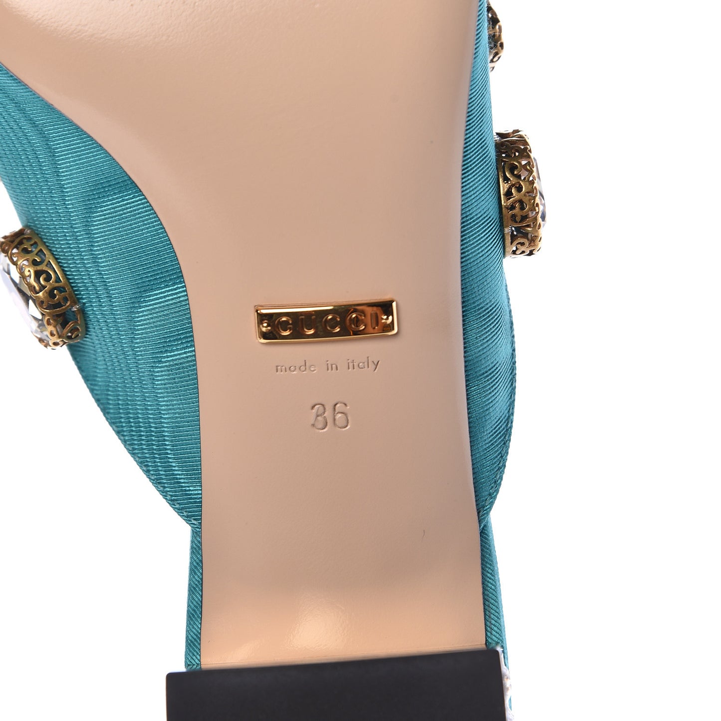 Moire Fabric Crystal Embellished Lyric Slide Sandals 36 TurquoIse