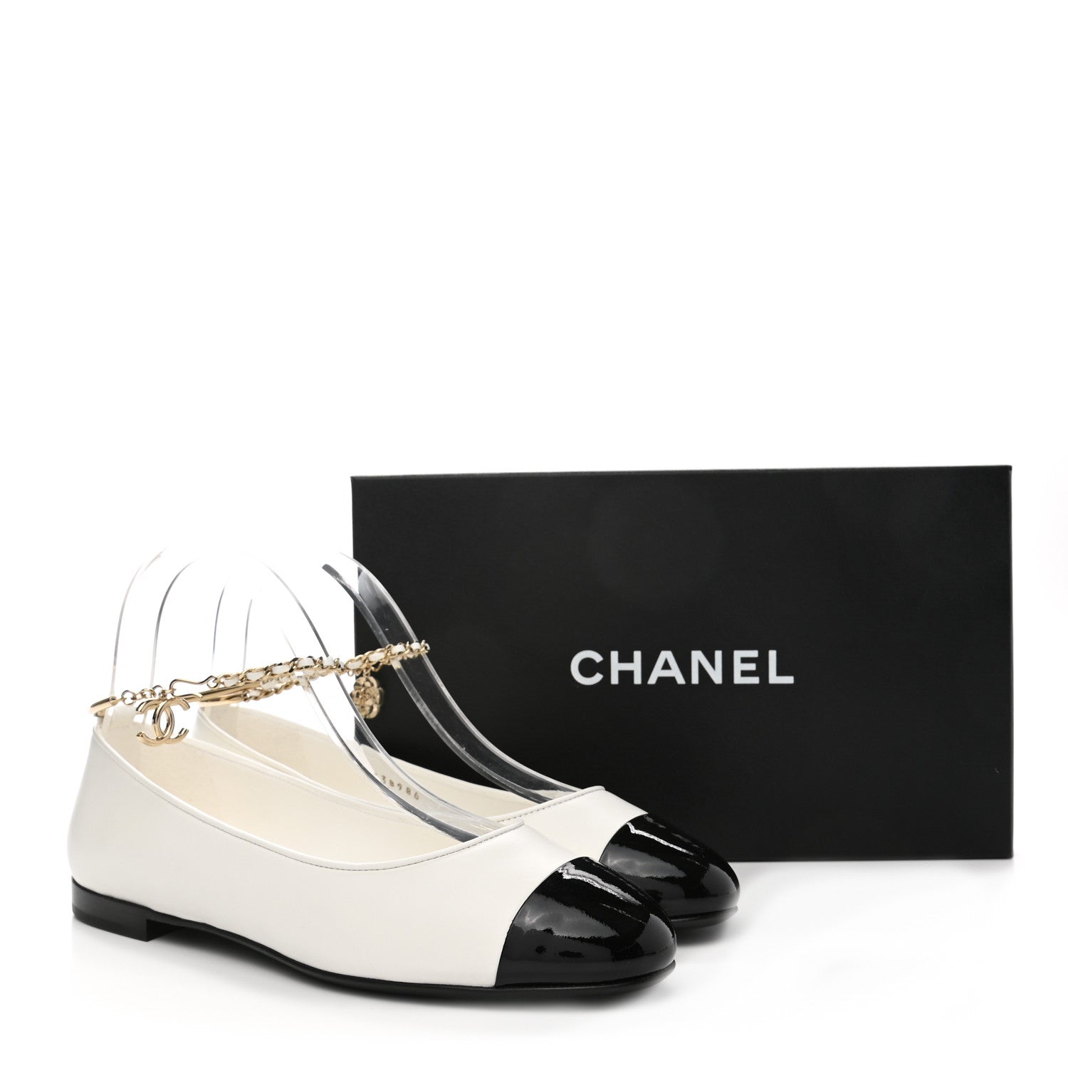 Chanel Lambskin Patent Calfskin Cap Toe Ankle Chain Ballerina