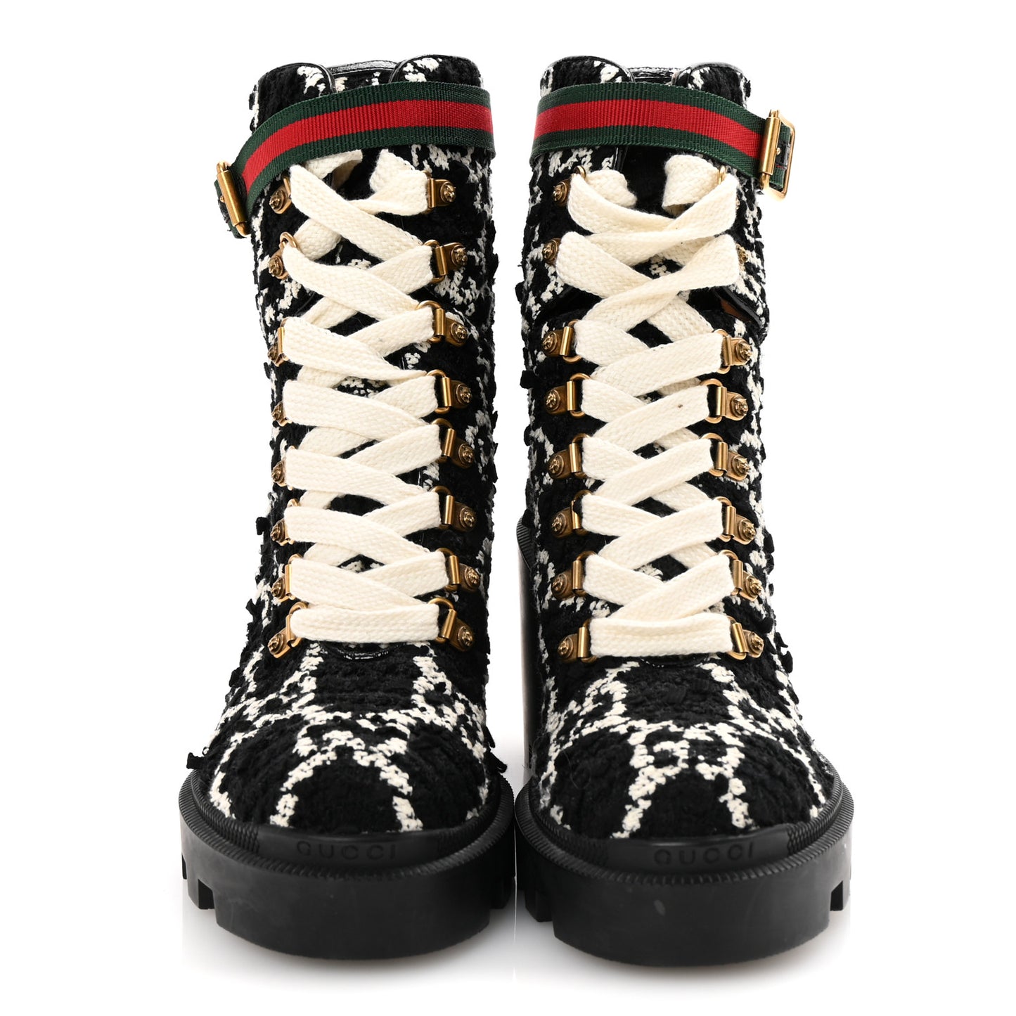 Tweed GG Monogram Lace Up Combat Ankle Boots 37 Black