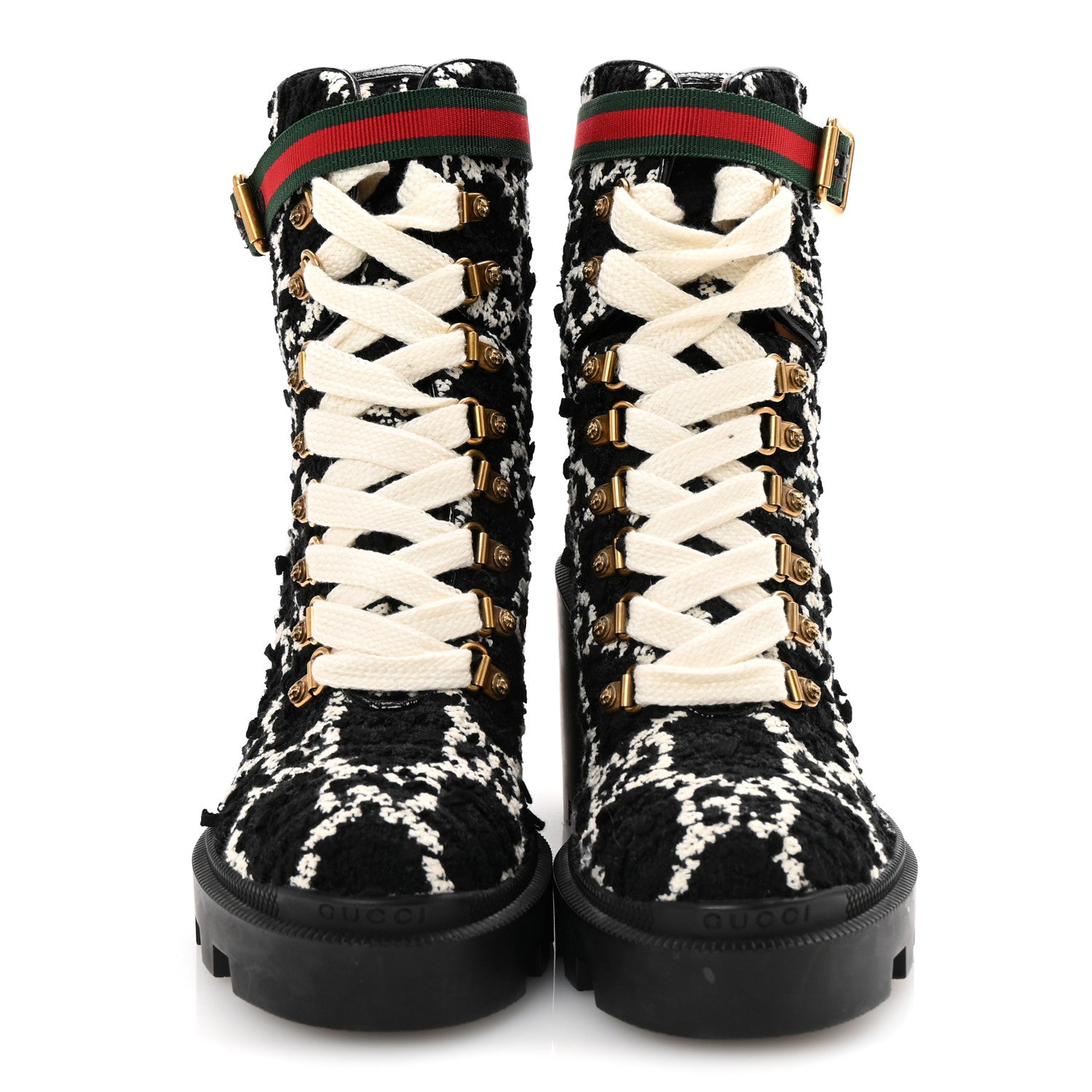 Gucci Tweed GG Monogram Lace Up Combat Ankle Boots 37 Black 3 of 8