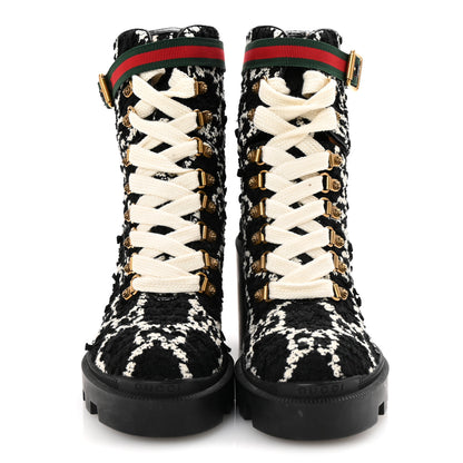 Gucci Tweed GG Monogram Lace Up Combat Ankle Boots 37 Black 3 of 8