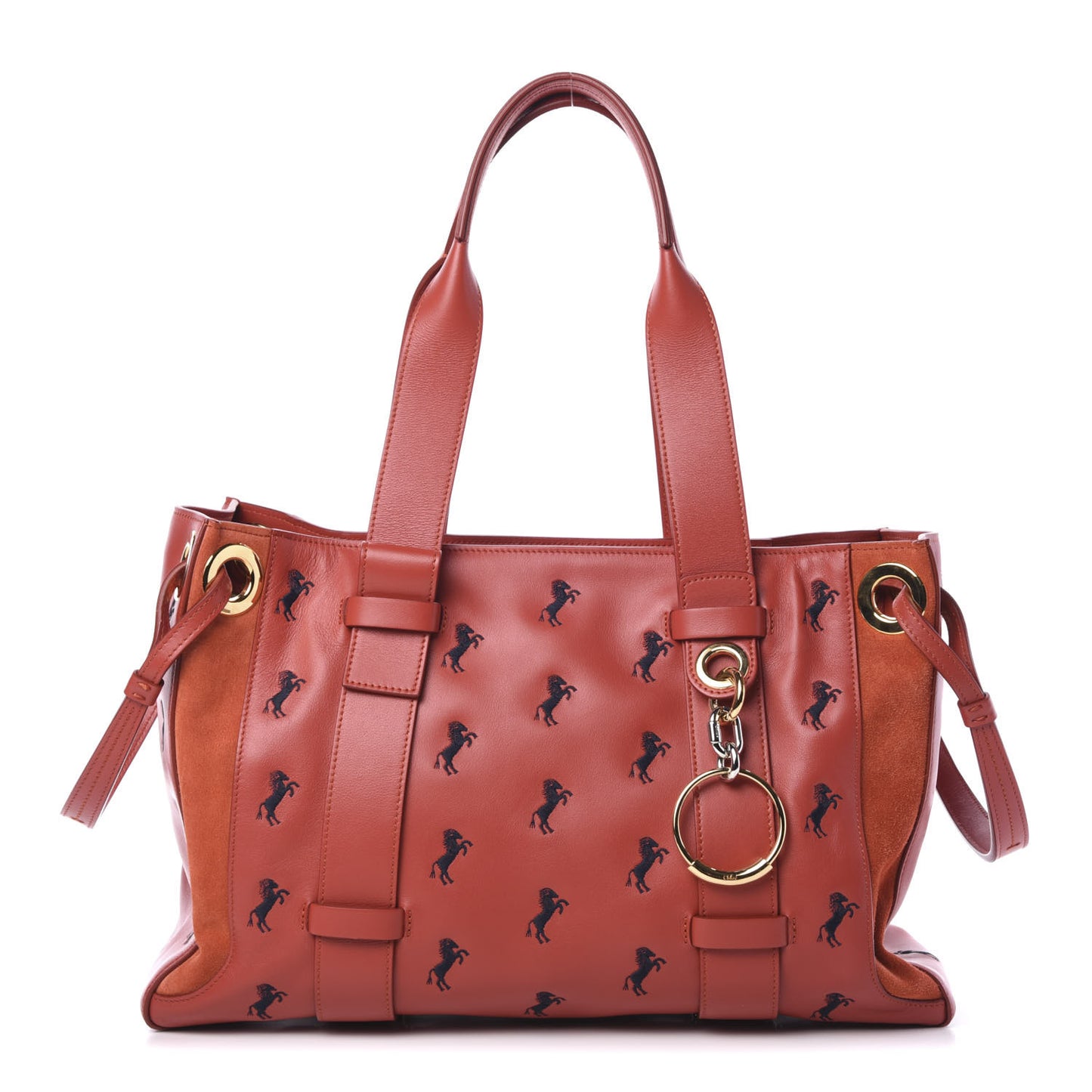 Smooth Calfskin Little Horses Embroidered Tao Zipped Tote Earthy Red