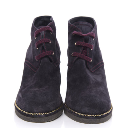 Chanel Suede Lace Up Wedge Booties 42 Dark Blue 2 of 10