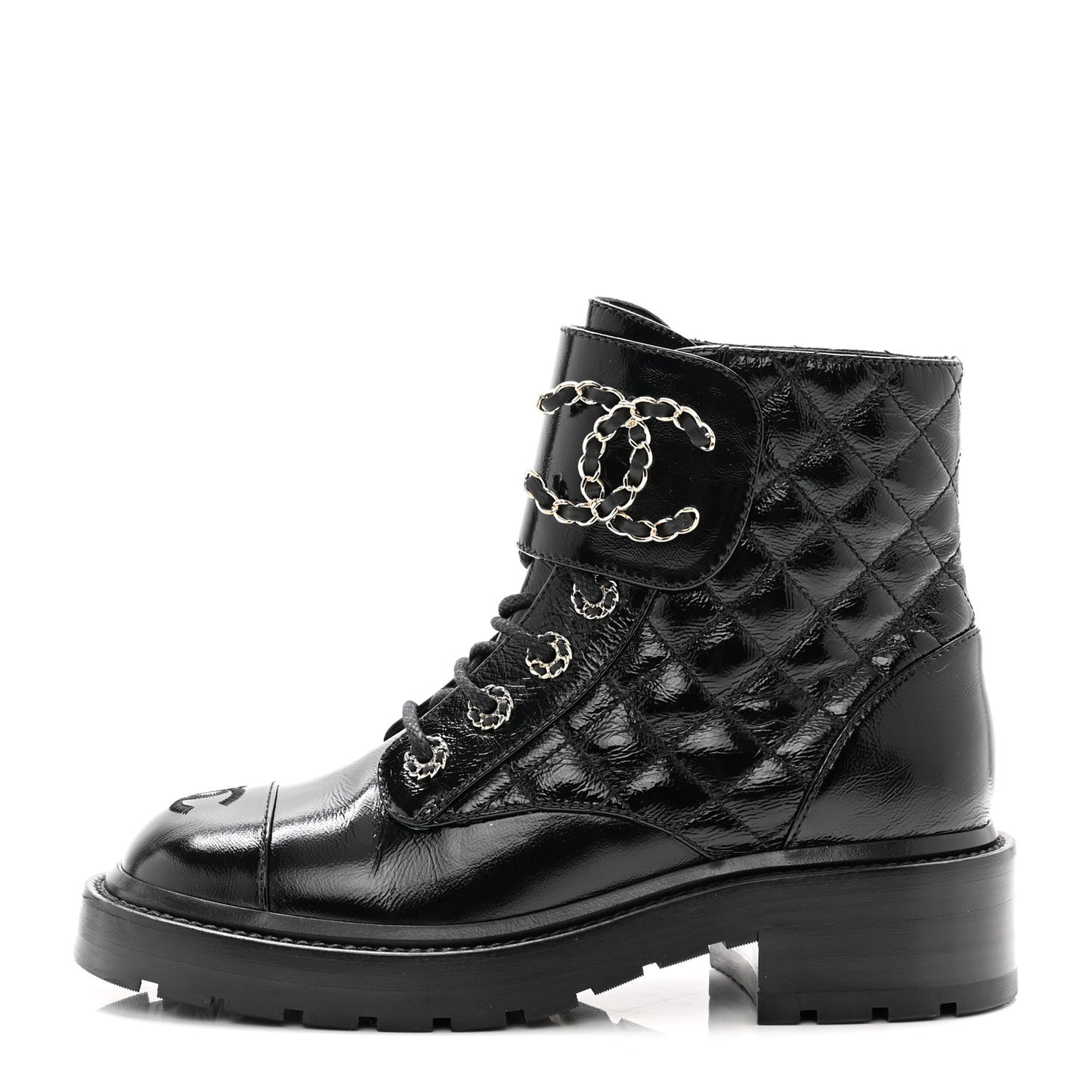 Shiny Calfskin Quilted Lace Up Combat Boots 36 Black