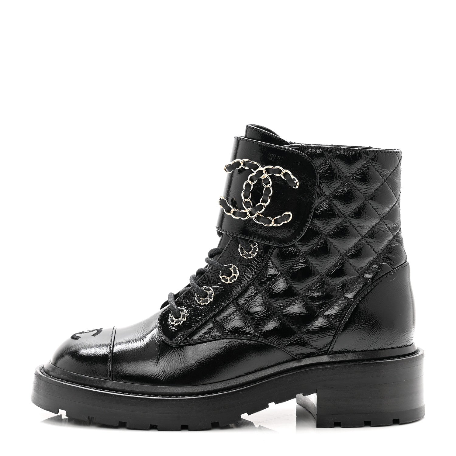 Chanel Shiny Calfskin Quilted Lace Up Combat Boots 36 Black 1 of 11