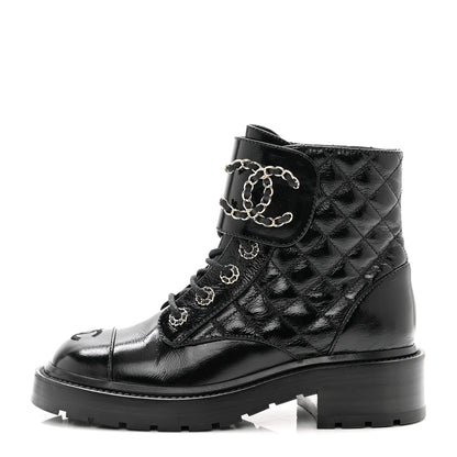 Chanel Shiny Calfskin Quilted Lace Up Combat Boots 36 Black 1 of 11