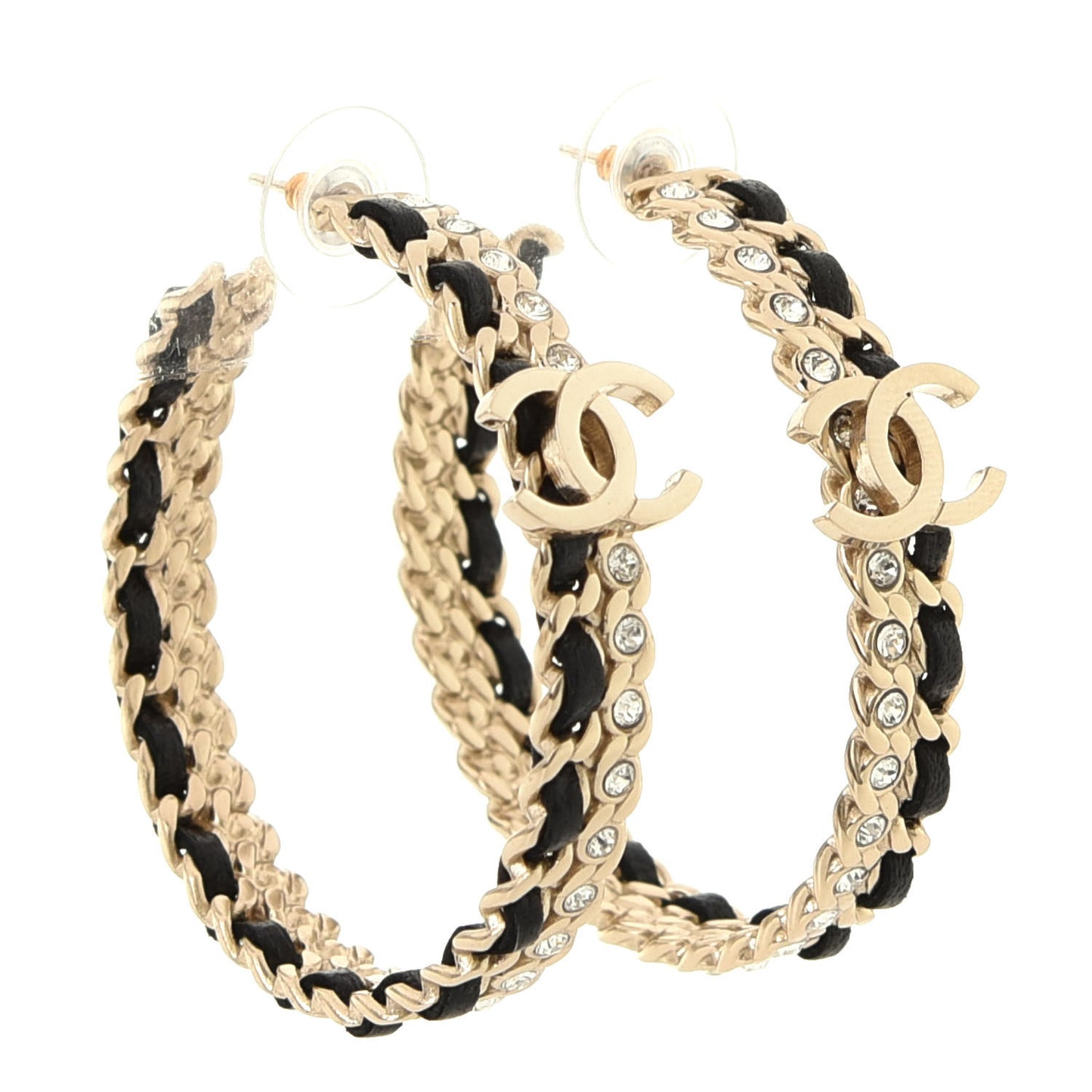 Crystal Lambskin CC Chain Hoop Earrings Gold Black