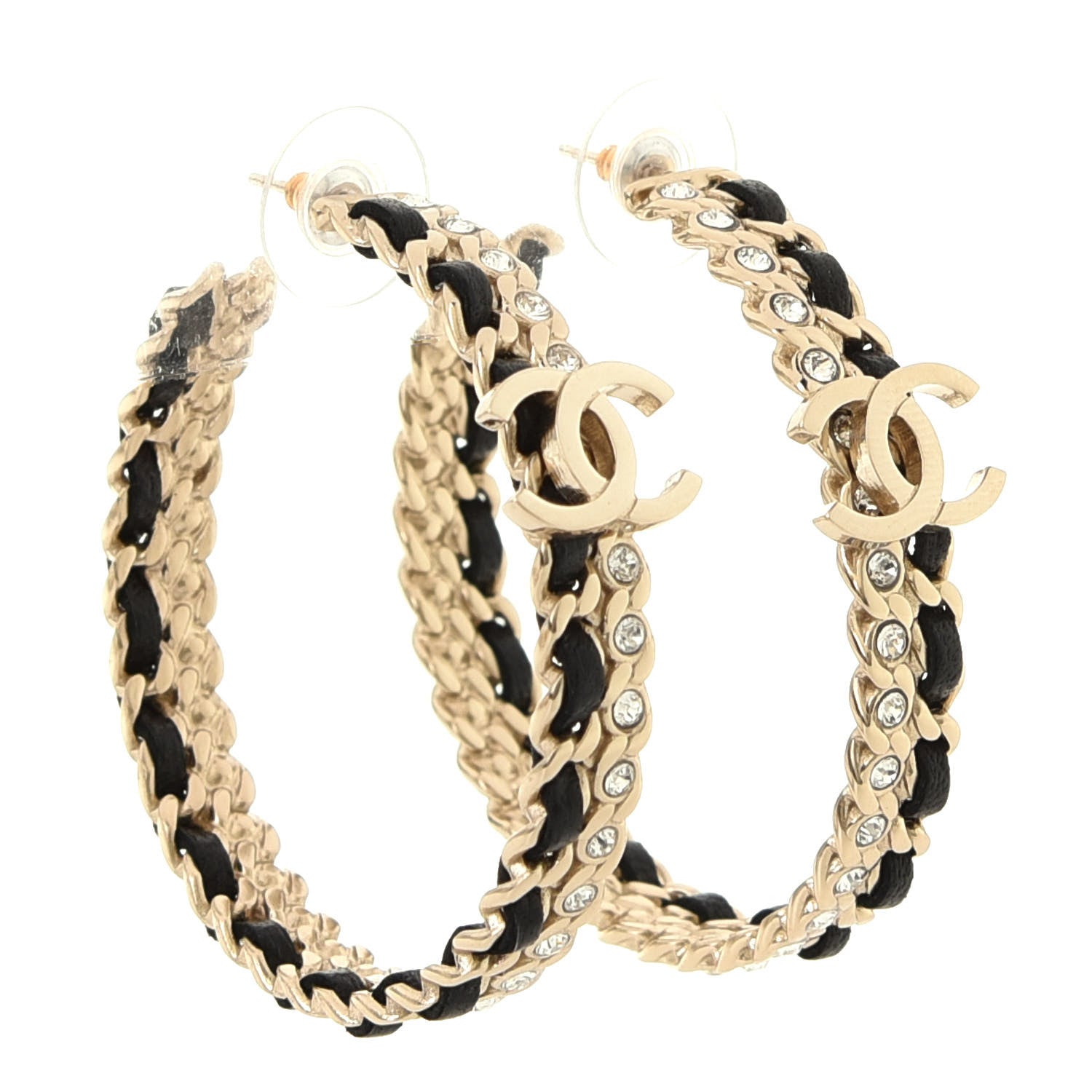 Chanel Crystal Lambskin CC Chain Hoop Earrings Gold Black 2 of 4