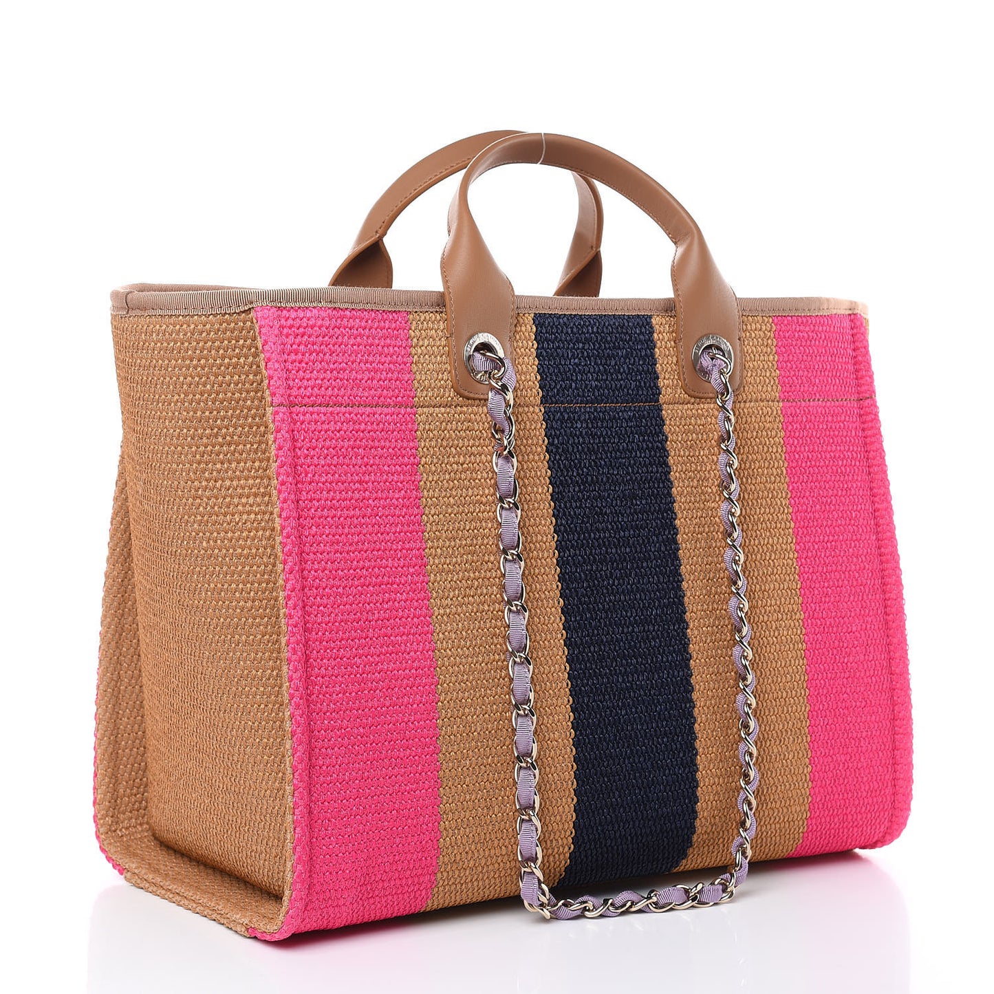 Straw Raffia Calfskin Striped Large Deauville Tote Dark Beige Fuchsia Navy Blue