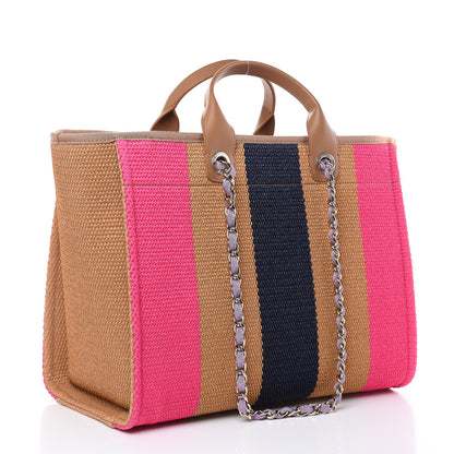 Chanel Straw Raffia Calfskin Striped Large Deauville Tote Dark Beige Fuchsia Navy Blue 3 of 10