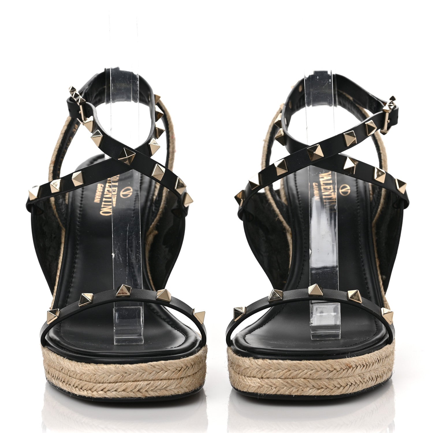 Valentino Garavani Calfskin Rockstud Ankle Strap Espadrille 20/110mm Wedge Sandals 38 Black 2 of 9